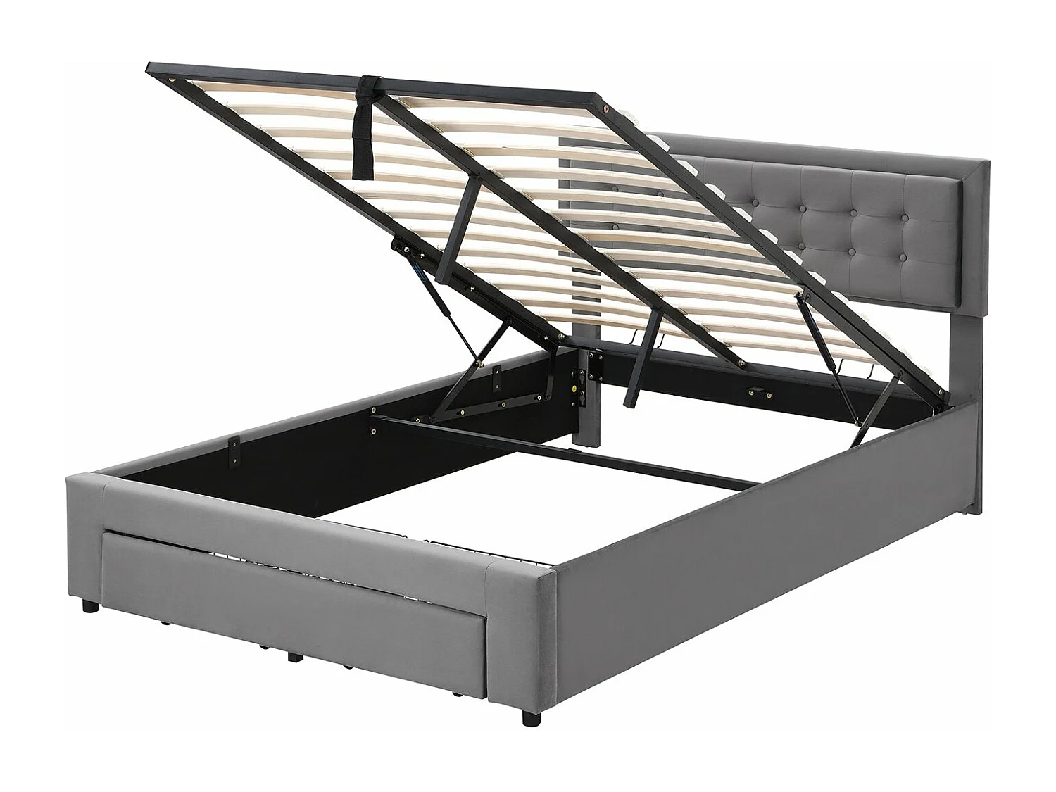 Lit coffre 140×190 cm,Lit rembourré avec sommier à lattes et tête de lit, lit double, avec 2 tiroirs, support en lattes de bois, velours, gris