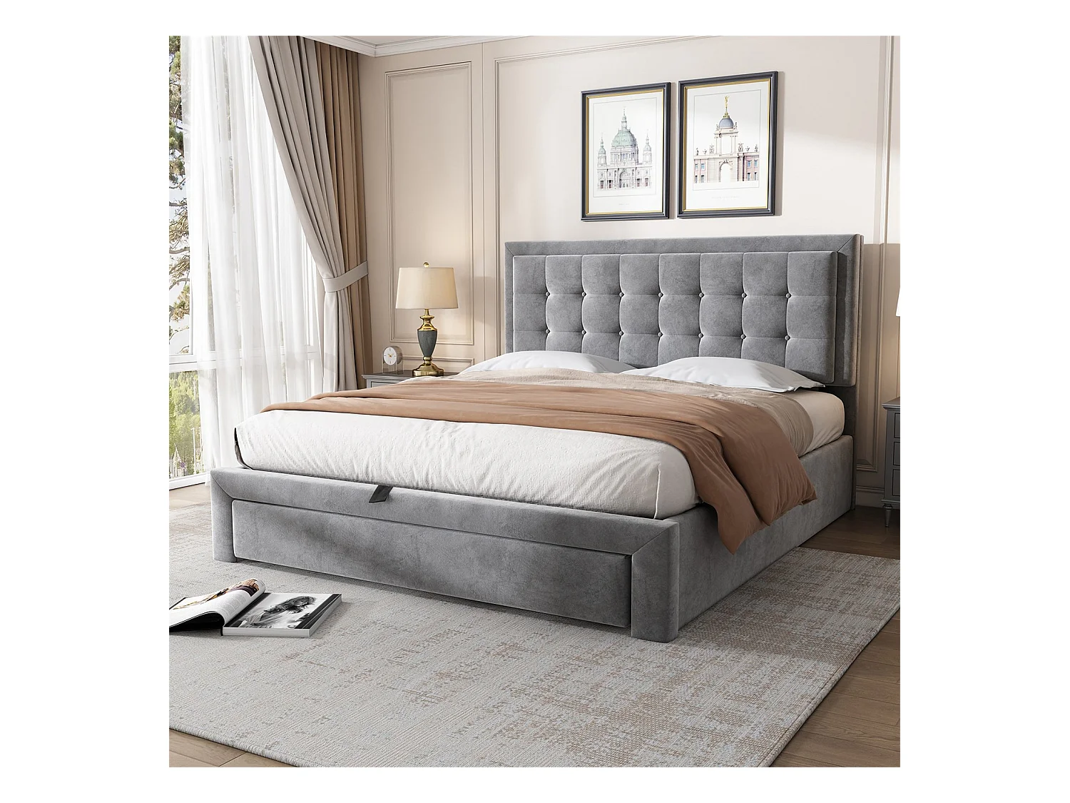 Lit coffre 140×190 cm,Lit rembourré avec sommier à lattes et tête de lit, lit double, avec 2 tiroirs, support en lattes de bois, velours, gris