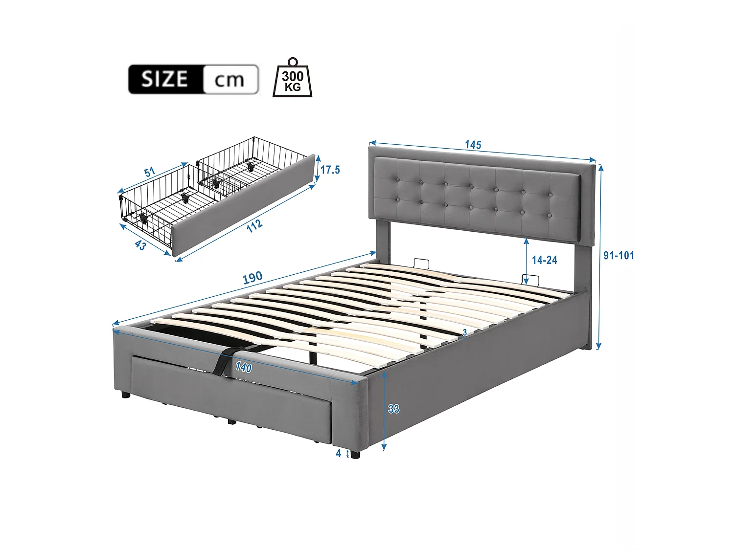 Letto contenitore 140x190 cm, Letto imbottito con rete a doghe e testiera, letto matrimoniale, con 2 cassetti, rete a doghe in legno, velluto, grigio