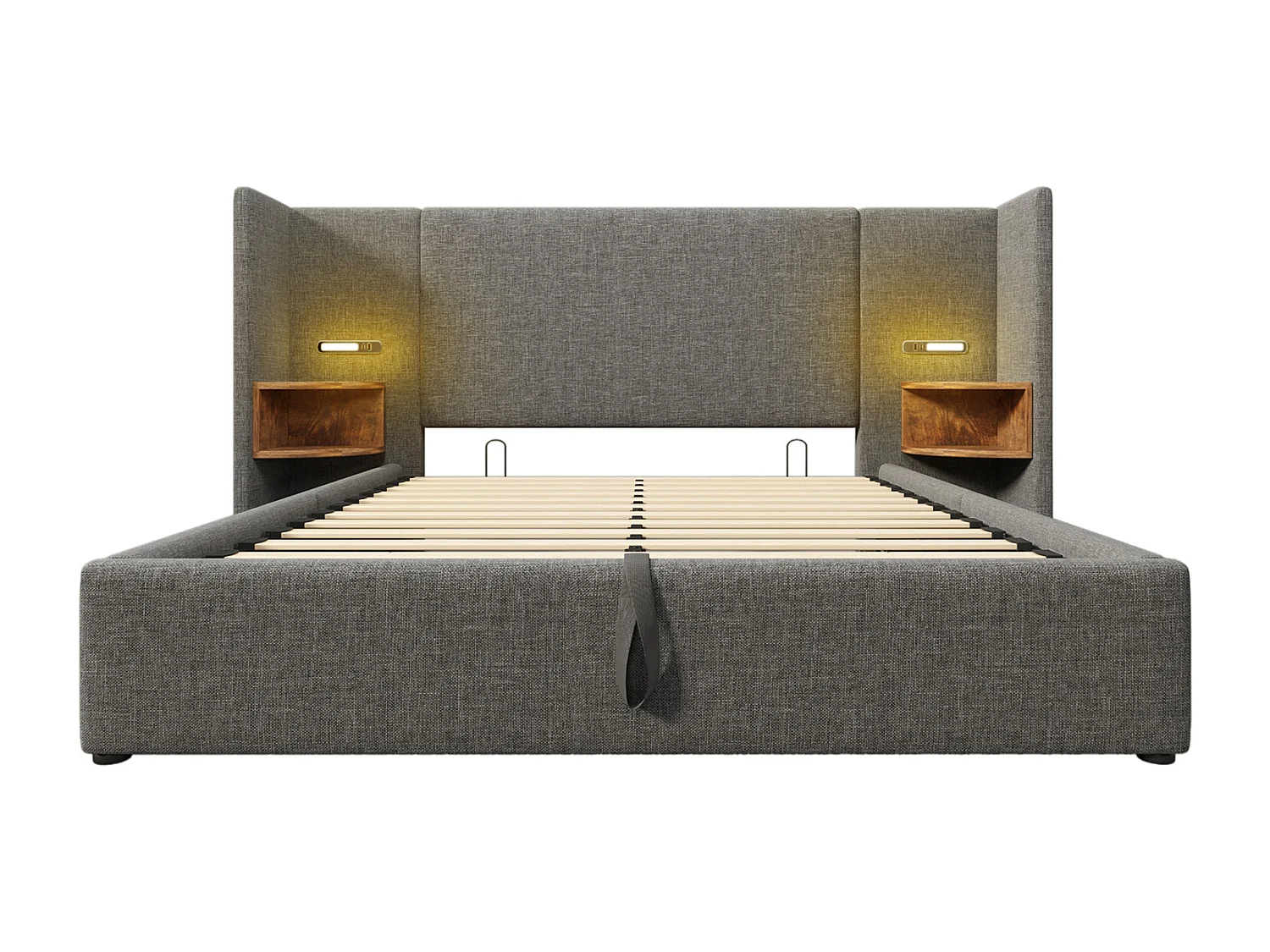 Cama de arrumação 160x200 cm, Cama estofada, cama de casal com mesa de cabeceira, candeeiro de leitura e USB Tipo C, linho, cinzento, sem colchão