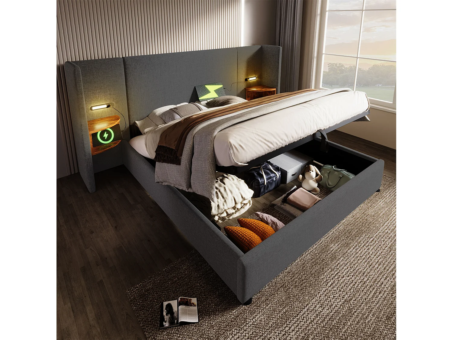 Cama de arrumação 160x200 cm, Cama estofada, cama de casal com mesa de cabeceira, candeeiro de leitura e USB Tipo C, linho, cinzento, sem colchão