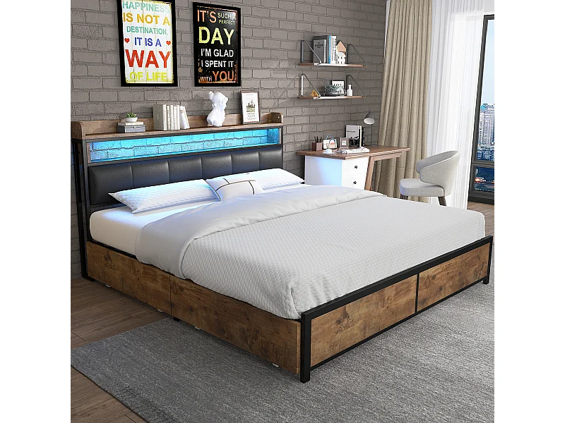 Lit rembourré 140×200 cm, lit LED, lit pour adolescents, avec 4 tiroirs, montage facile, PU, noir