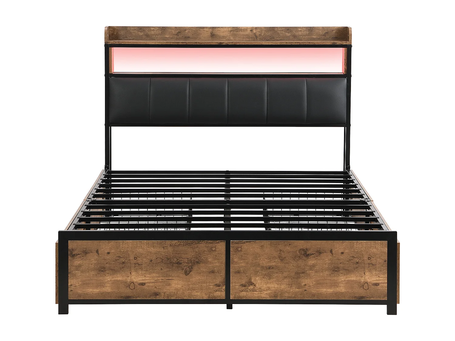 Lit rembourré 140×200 cm, lit LED, lit pour adolescents, avec 4 tiroirs, montage facile, PU, noir