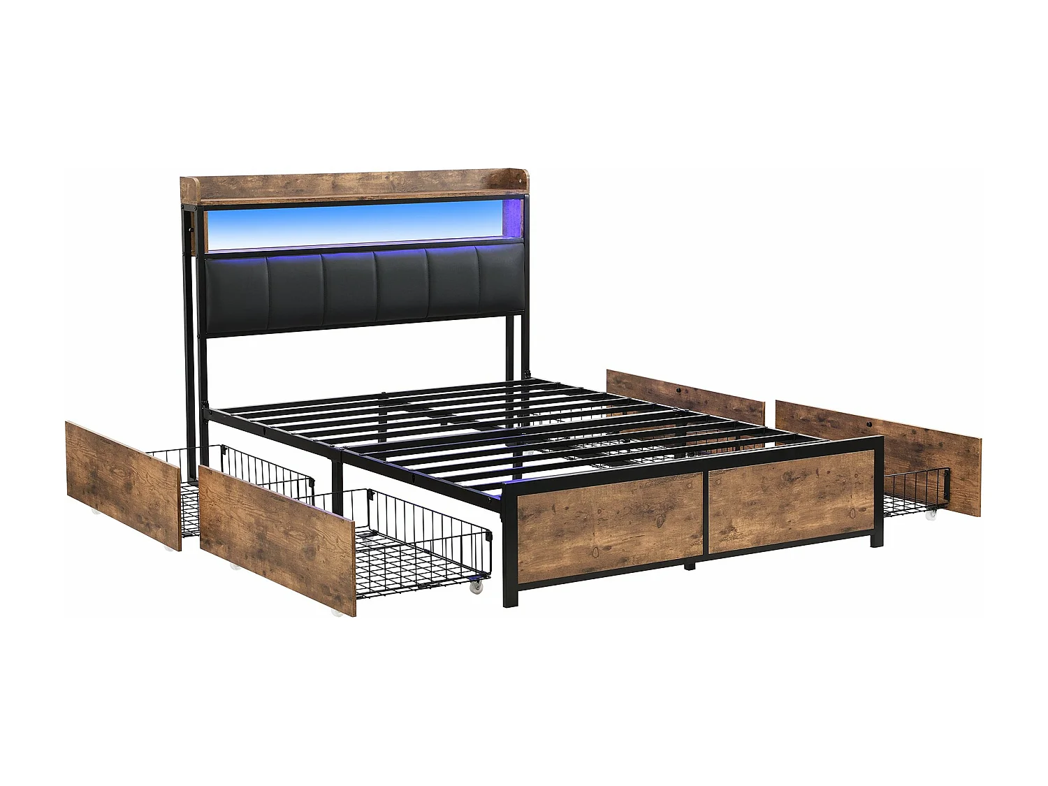 Lit rembourré 140×200 cm, lit LED, lit pour adolescents, avec 4 tiroirs, montage facile, PU, noir