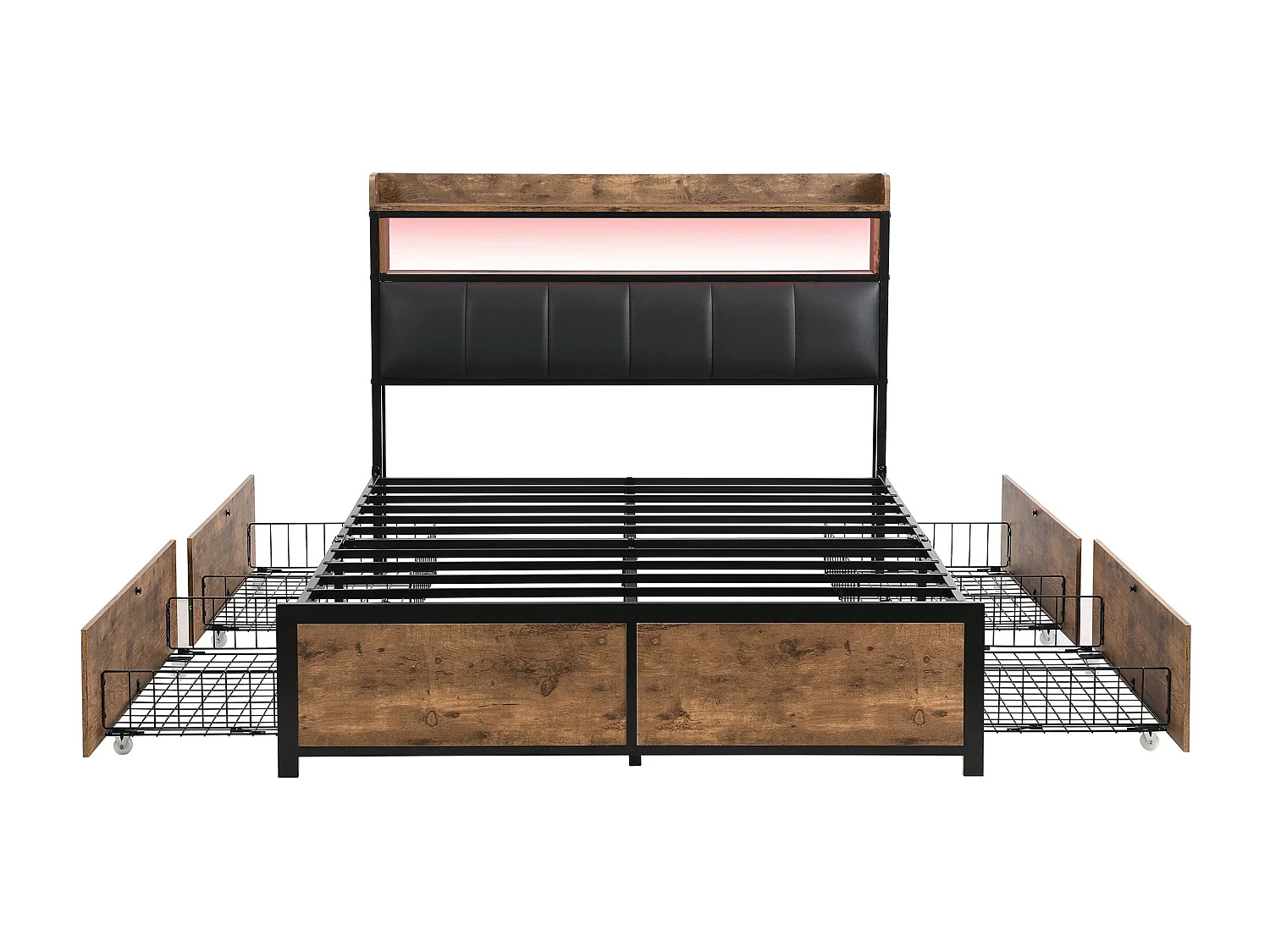 Cama estofada 140x200 cm, cama LED, cama para adolescentes, com 4 gavetas, fácil montagem, PU, preto