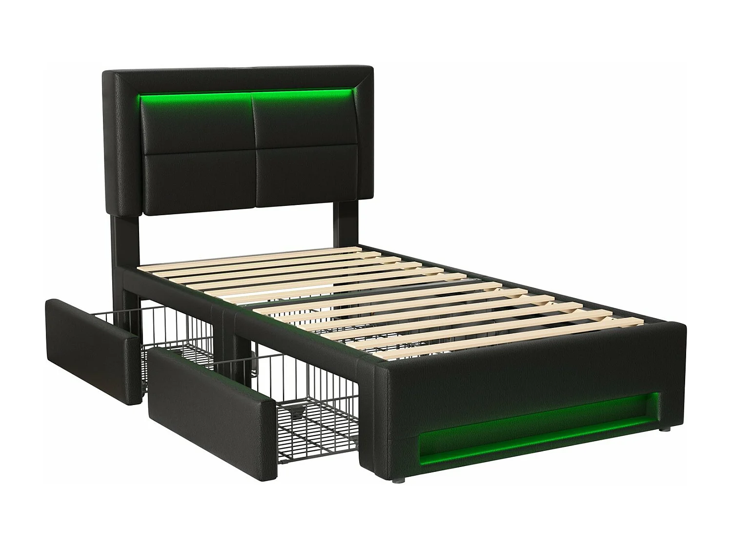 Lit rembourré 90x190 cm, avec port USB, éclairage LED, 4 tiroirs, sans matelas, PU, noir