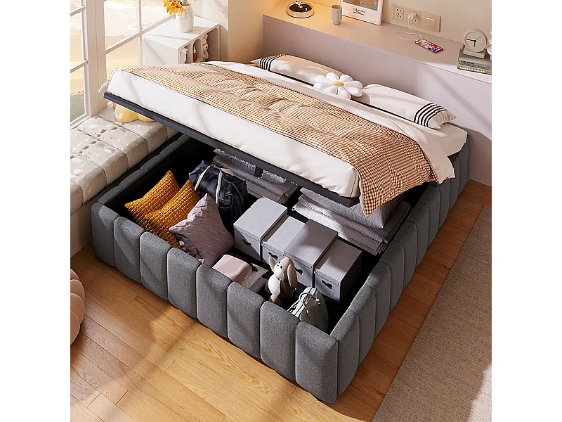 Cama de arrumação 140x200 cm, cama estofada, arrumação hidráulica, sem cabeceira, sem colchão, cinza