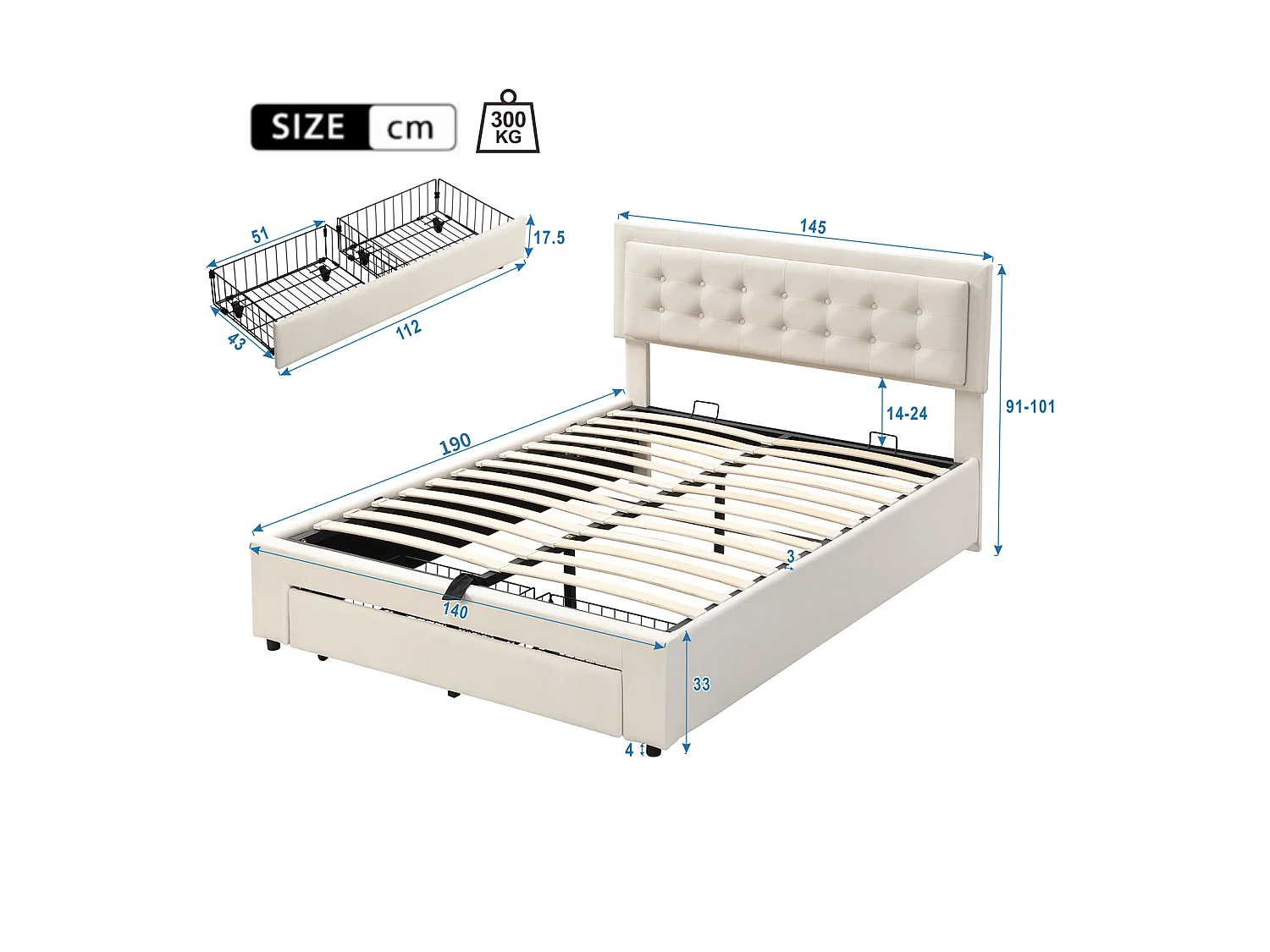 Lit coffre 140×190 cm,Lit rembourré avec sommier à lattes et tête de lit, lit double, avec 2 tiroirs, support en lattes de bois, velours, beige