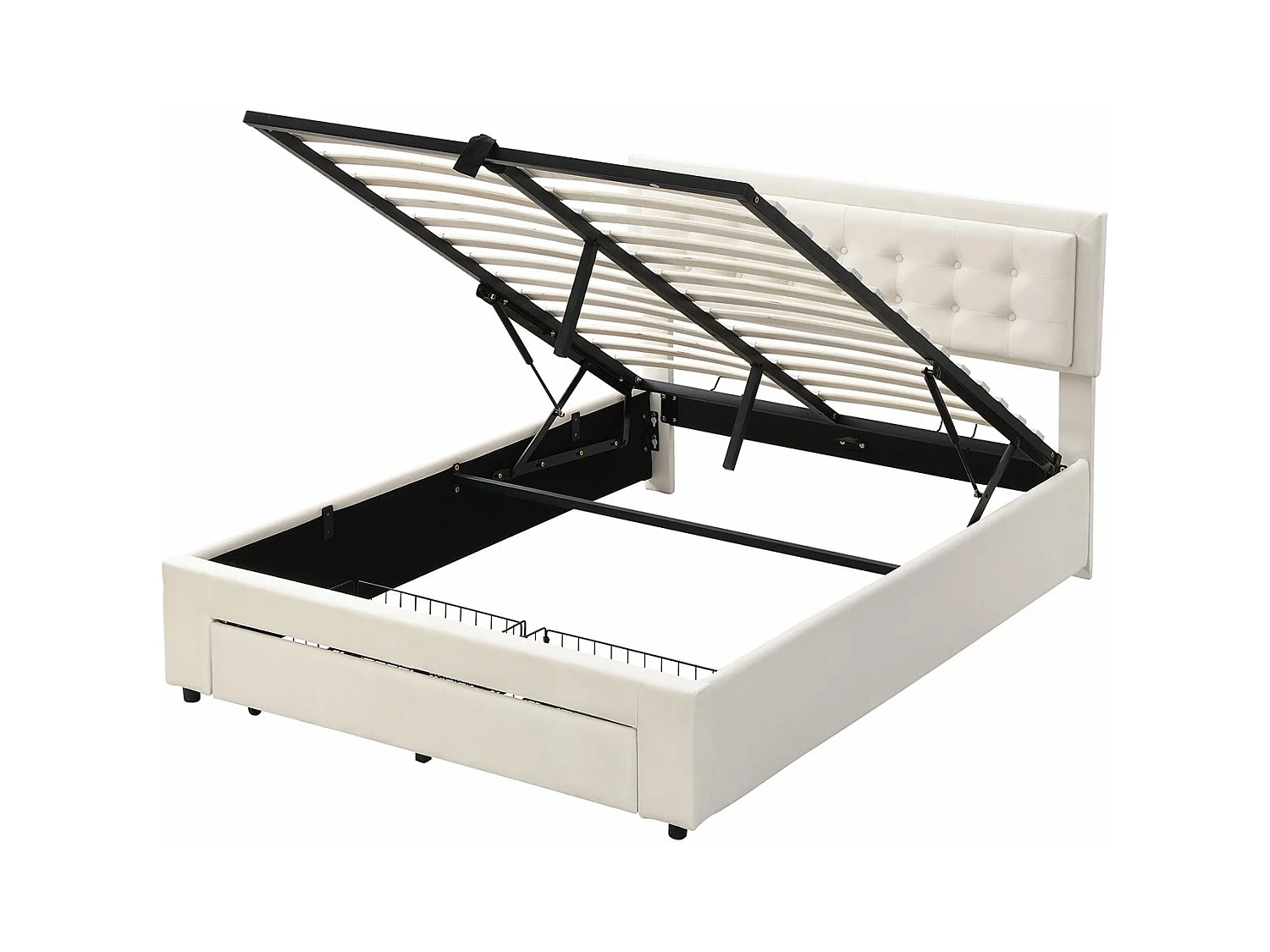 Lit coffre 140×190 cm,Lit rembourré avec sommier à lattes et tête de lit, lit double, avec 2 tiroirs, support en lattes de bois, velours, beige