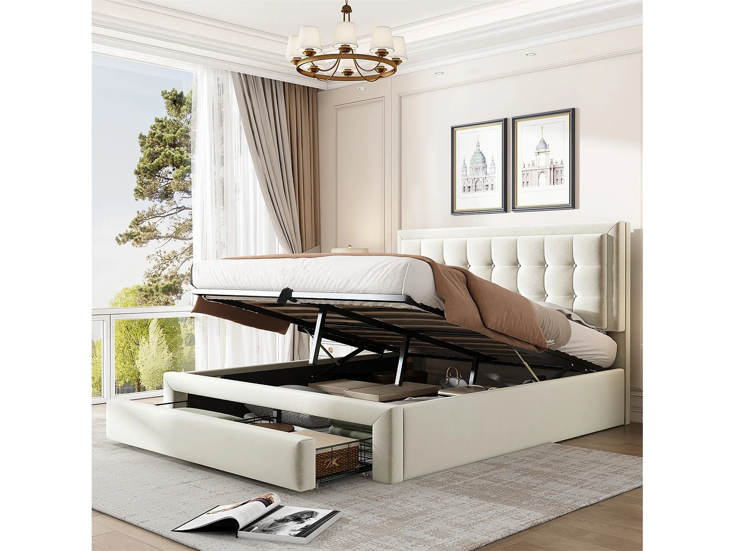 Cama com arrumação 140x190 cm, Cama estofada com estrado de ripas e cabeceira, cama de casal, com 2 gavetas, estrado de ripas de madeira, veludo, bege