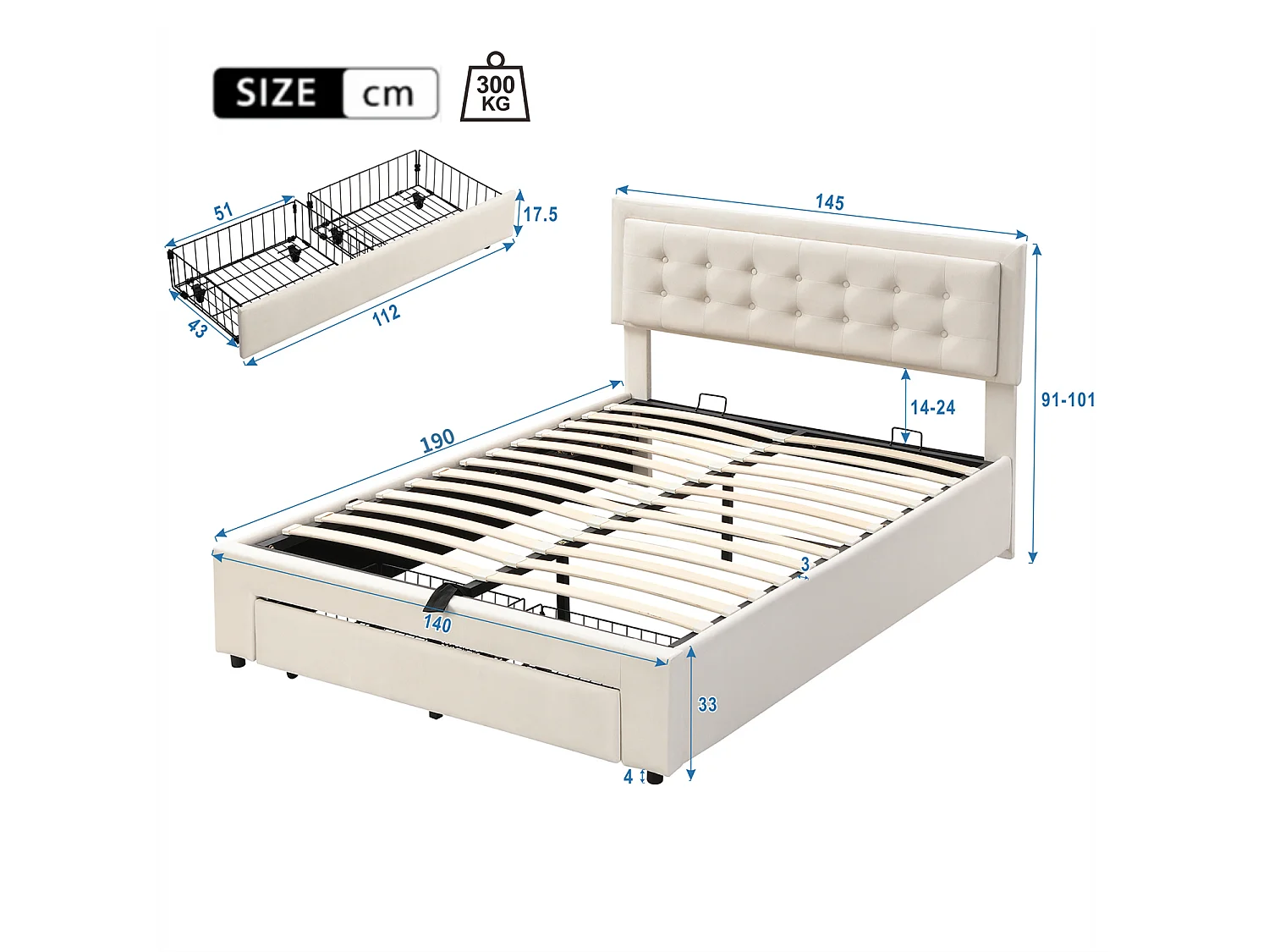 Cama com arrumação 140x190 cm, Cama estofada com estrado de ripas e cabeceira, cama de casal, com 2 gavetas, estrado de ripas de madeira, veludo, bege