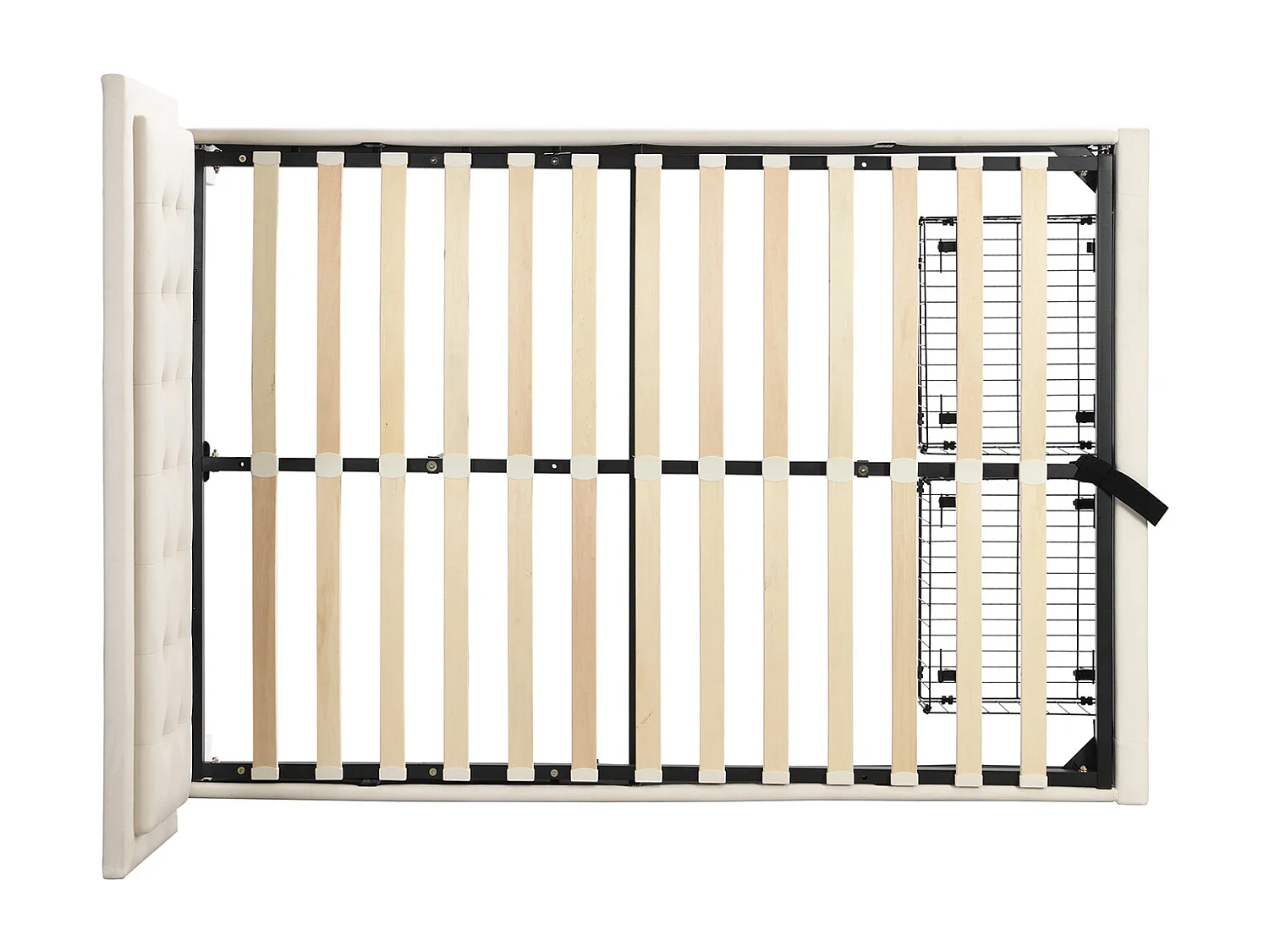 Cama com arrumação 140x190 cm, Cama estofada com estrado de ripas e cabeceira, cama de casal, com 2 gavetas, estrado de ripas de madeira, veludo, bege