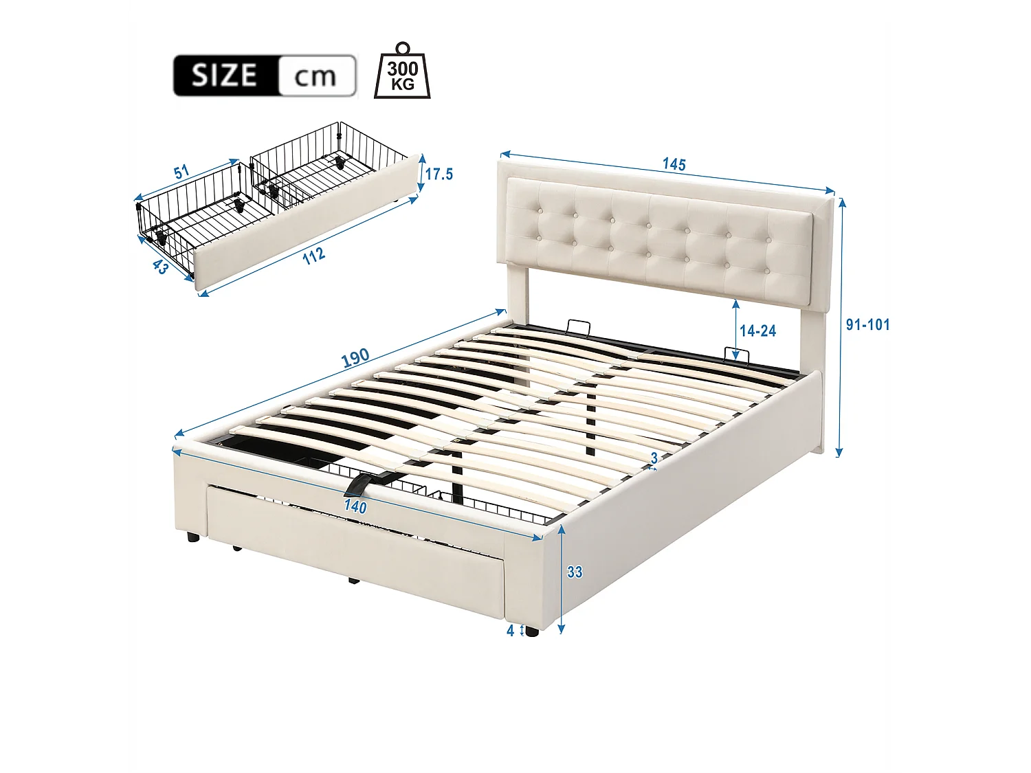 Letto contenitore 140x190 cm, Letto imbottito con rete a doghe e testiera, letto matrimoniale, con 2 cassetti, rete a doghe in legno, velluto, beige