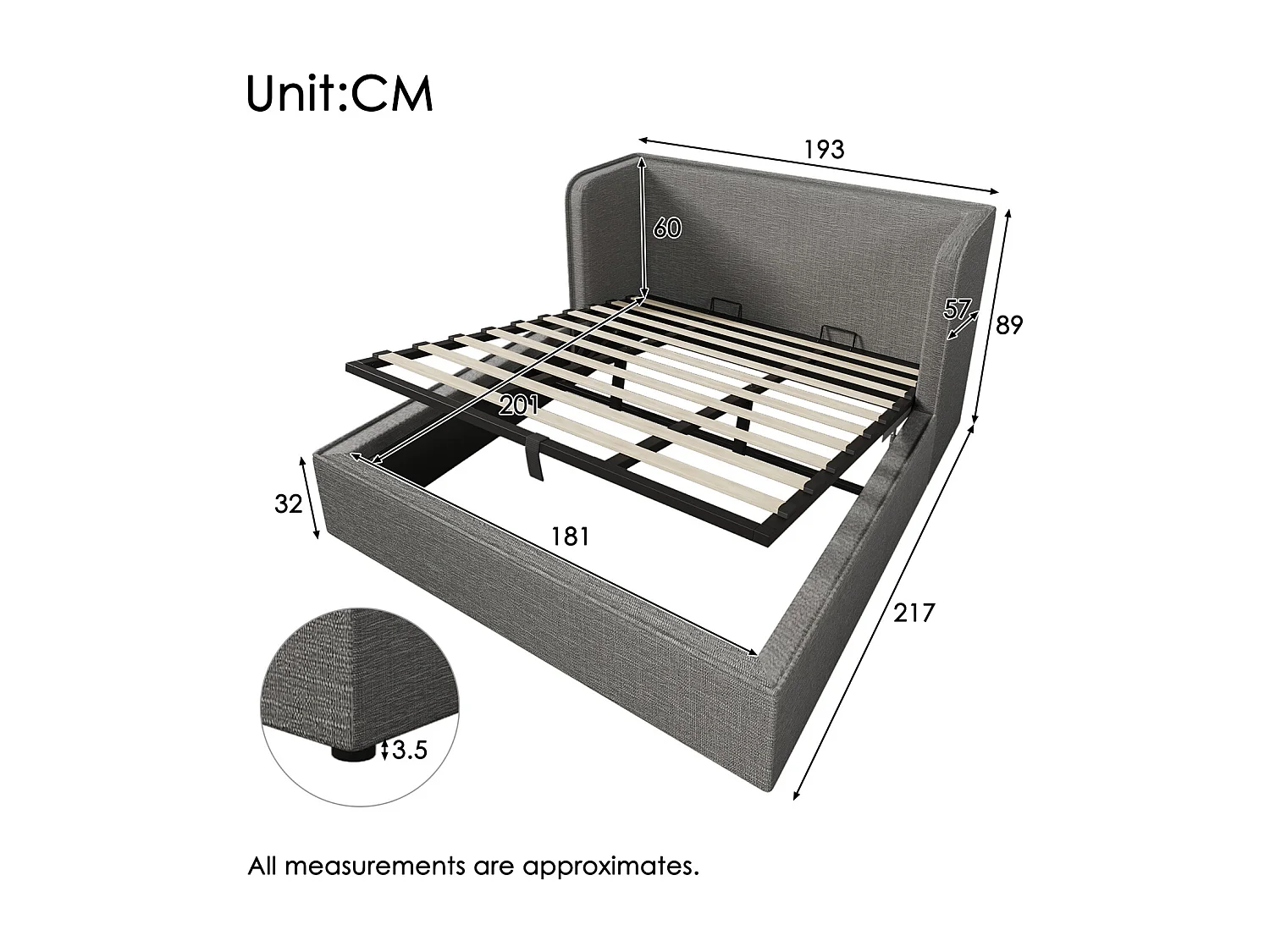 Cama de arrumação 180x200 cm, cama estofada, cama de casal com espaço de arrumação hidráulico, linho, cinzento, sem colchão