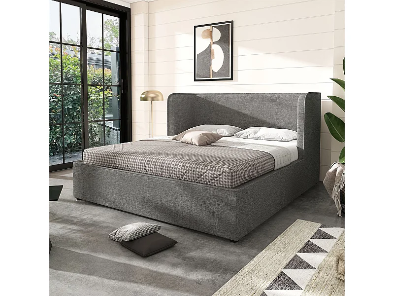 Cama de arrumação 180x200 cm, cama estofada, cama de casal com espaço de arrumação hidráulico, linho, cinzento, sem colchão