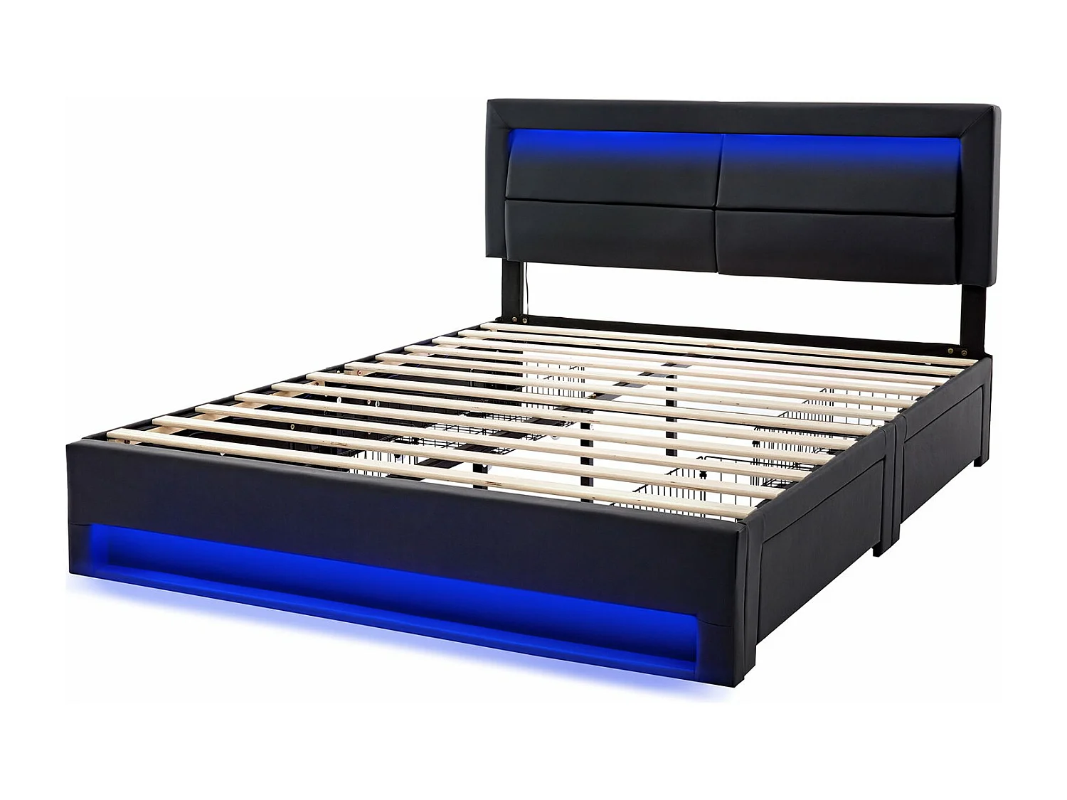 Lit rembourré 140x200 cm, avec port USB, éclairage LED, 4 tiroirs, sans matelas, PU, noir