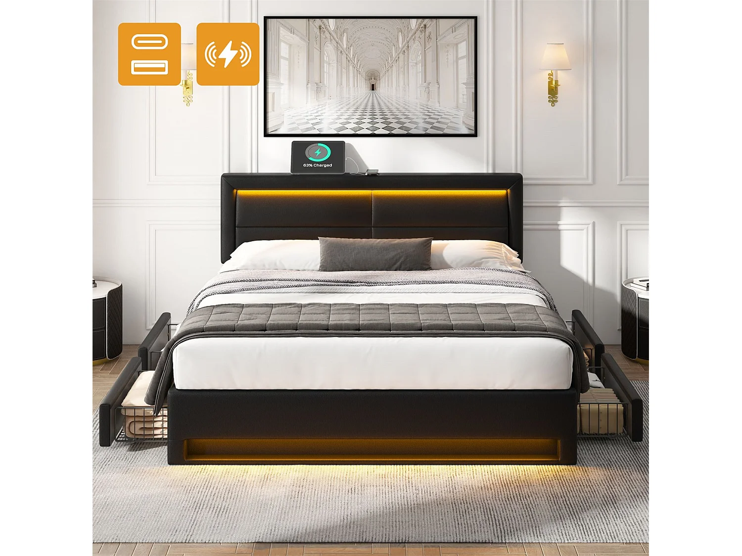 Lit rembourré 140x200 cm, avec port USB, éclairage LED, 4 tiroirs, sans matelas, PU, noir