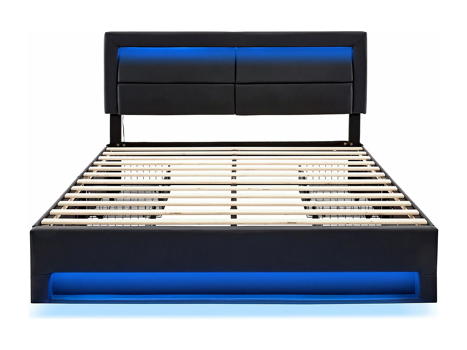 Lit rembourré 140x200 cm, avec port USB, éclairage LED, 4 tiroirs, sans matelas, PU, noir