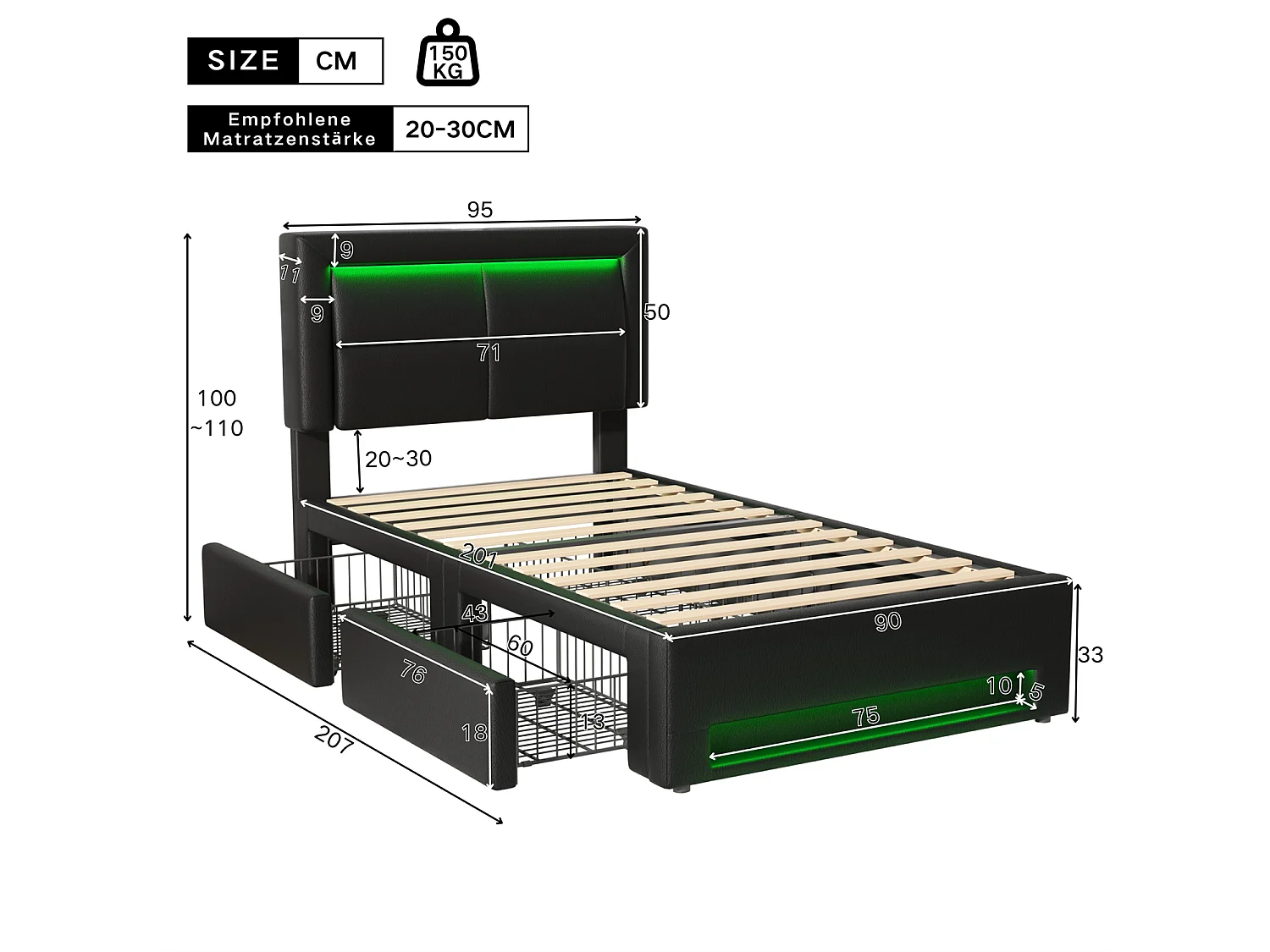 Lit rembourré 90x200 cm, avec port USB, éclairage LED, 4 tiroirs, sans matelas, PU, noir