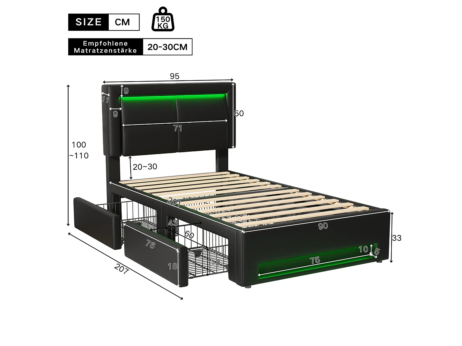 Lit rembourré 90x200 cm, avec port USB, éclairage LED, 4 tiroirs, sans matelas, PU, noir