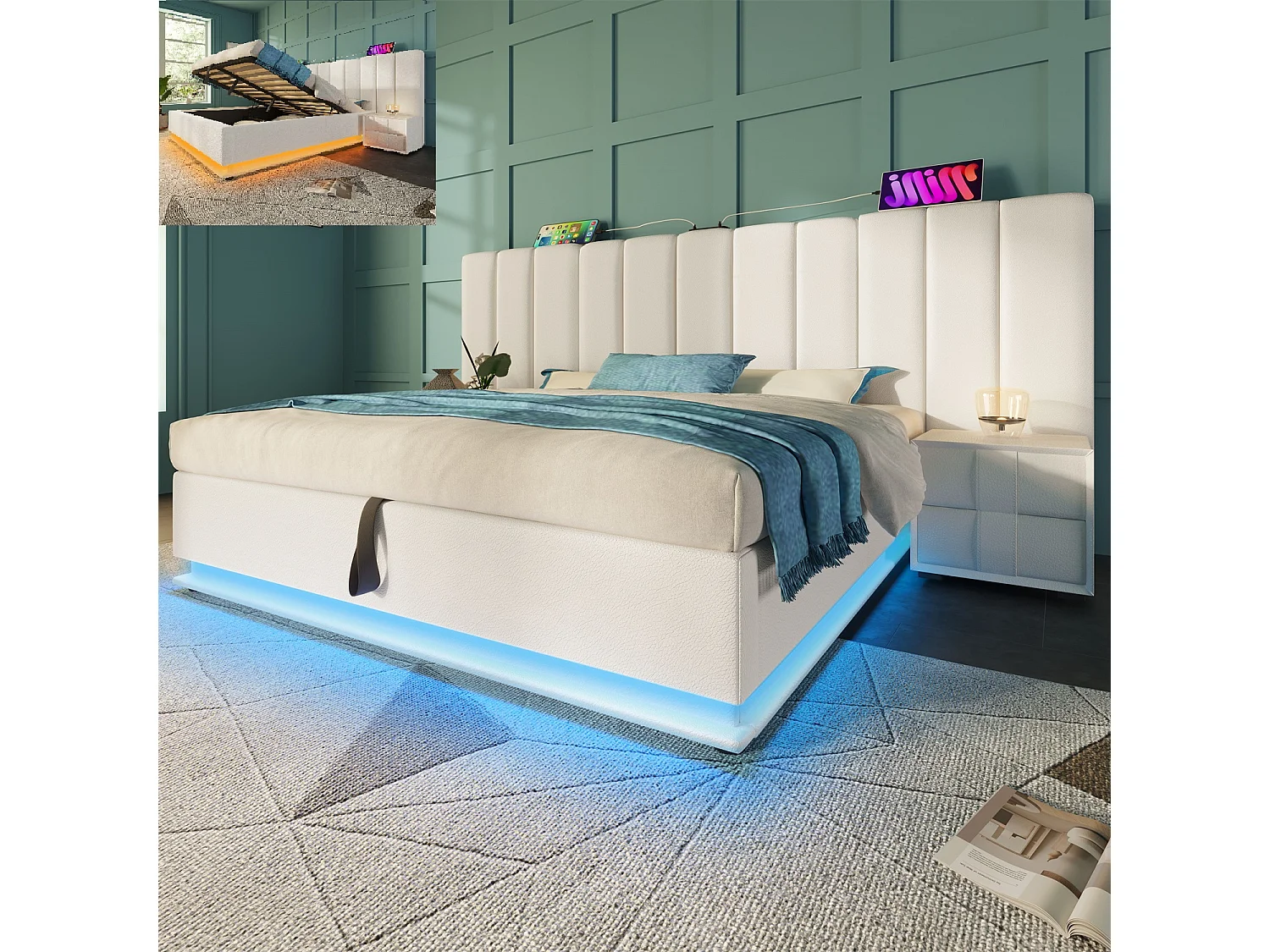 Cama com arrumação 160x200 cm, Cama estofada, cama de casal com arrumação, LED e USB-C, PU, branco, sem colchão