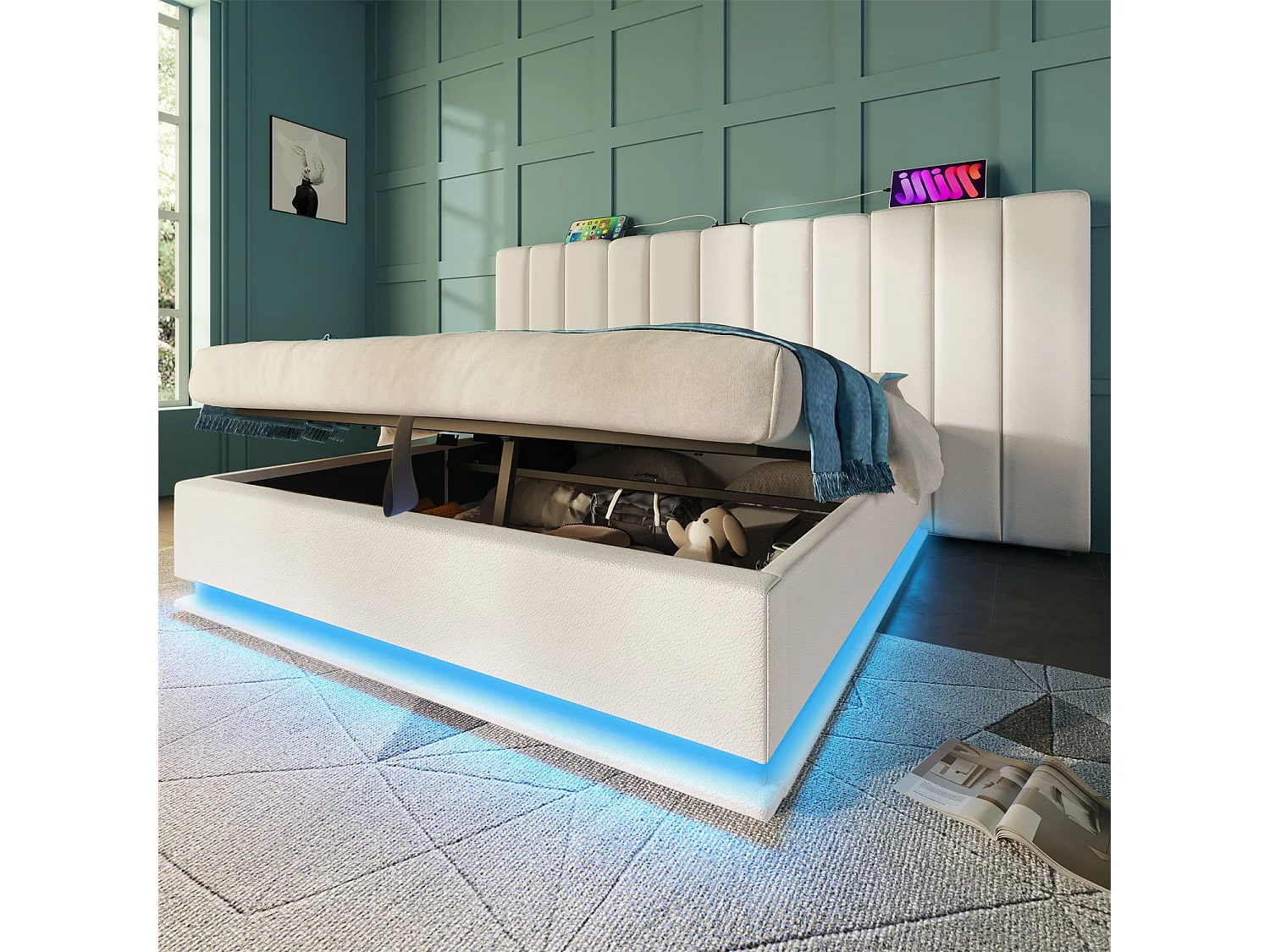 Cama com arrumação 160x200 cm, Cama estofada, cama de casal com arrumação, LED e USB-C, PU, branco, sem colchão