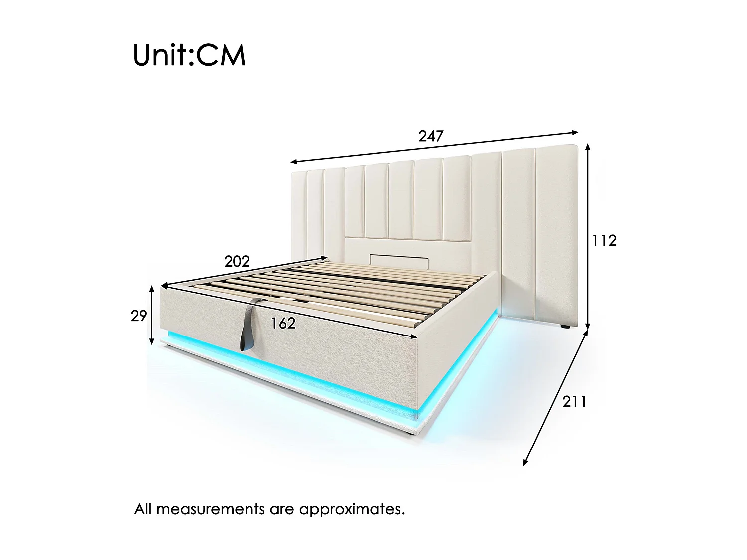Cama com arrumação 160x200 cm, Cama estofada, cama de casal com arrumação, LED e USB-C, PU, branco, sem colchão