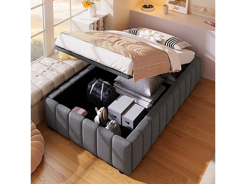 Lit coffre 90x200 cm,Lit rembourré,rangement hydraulique, sans tête de lit, sans matelas, gris