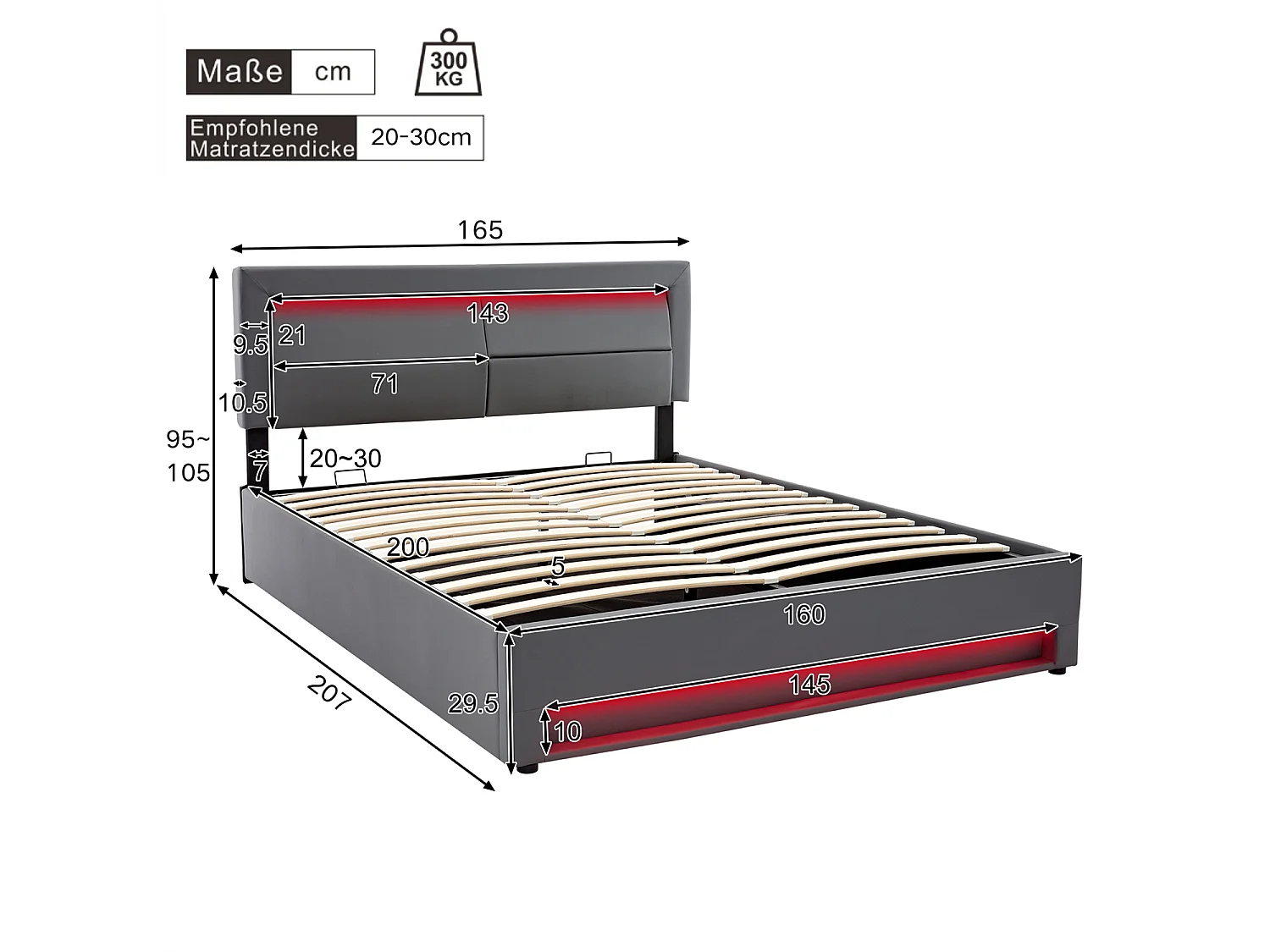 Lit rembourré 160x200cm, avec port USB, éclairage LED et espace de rangement, sans matelas, PU, gris