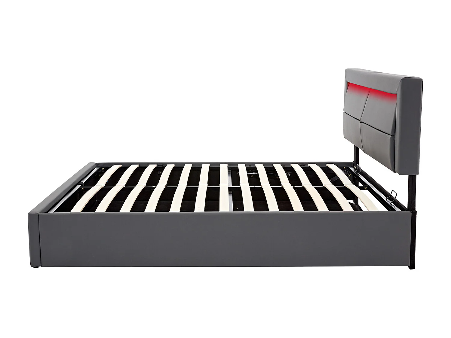 Lit rembourré 160x200cm, avec port USB, éclairage LED et espace de rangement, sans matelas, PU, gris