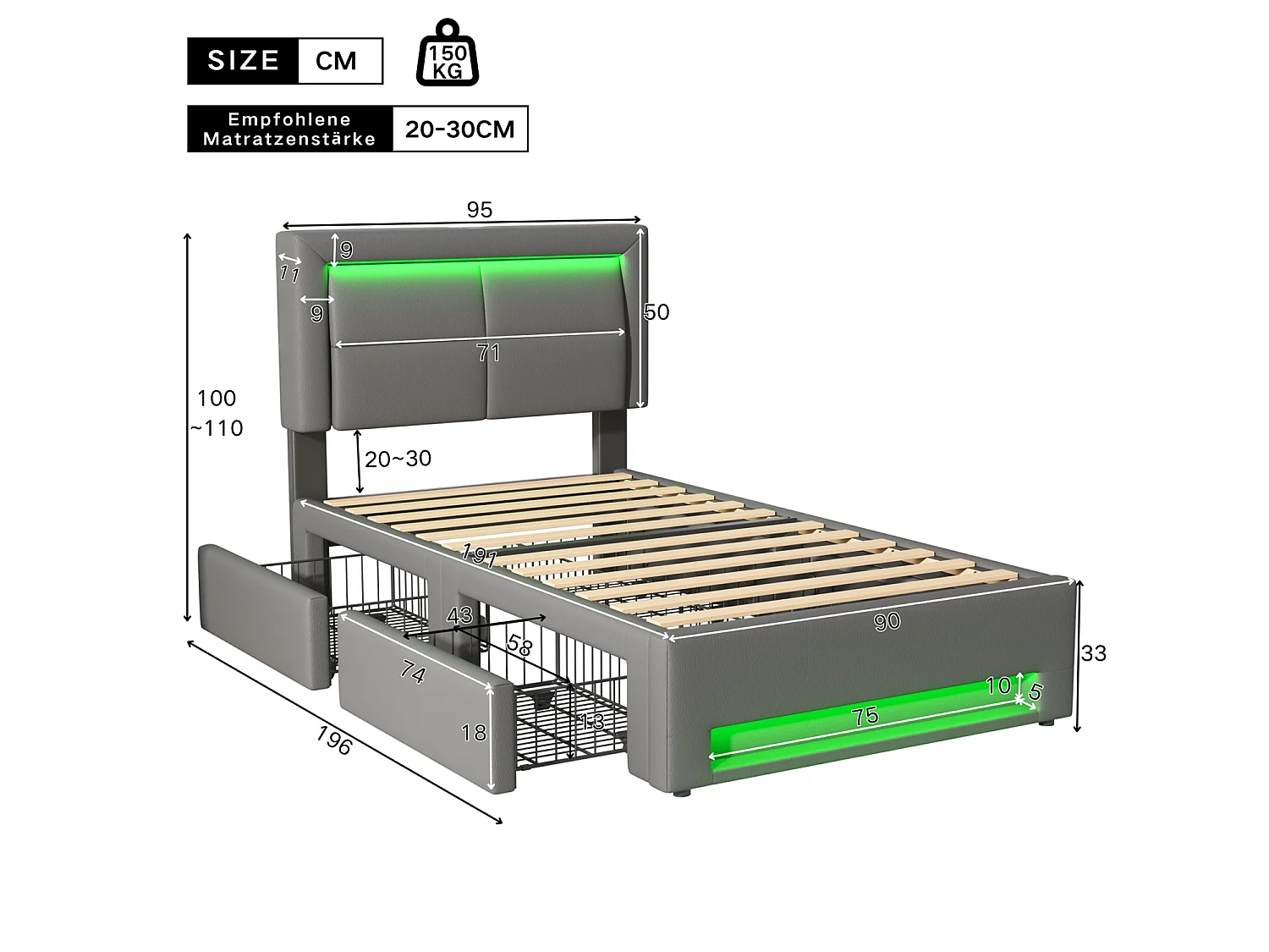 Lit rembourré 90x190 cm, avec port USB, éclairage LED, 4 tiroirs, sans matelas, PU, gris