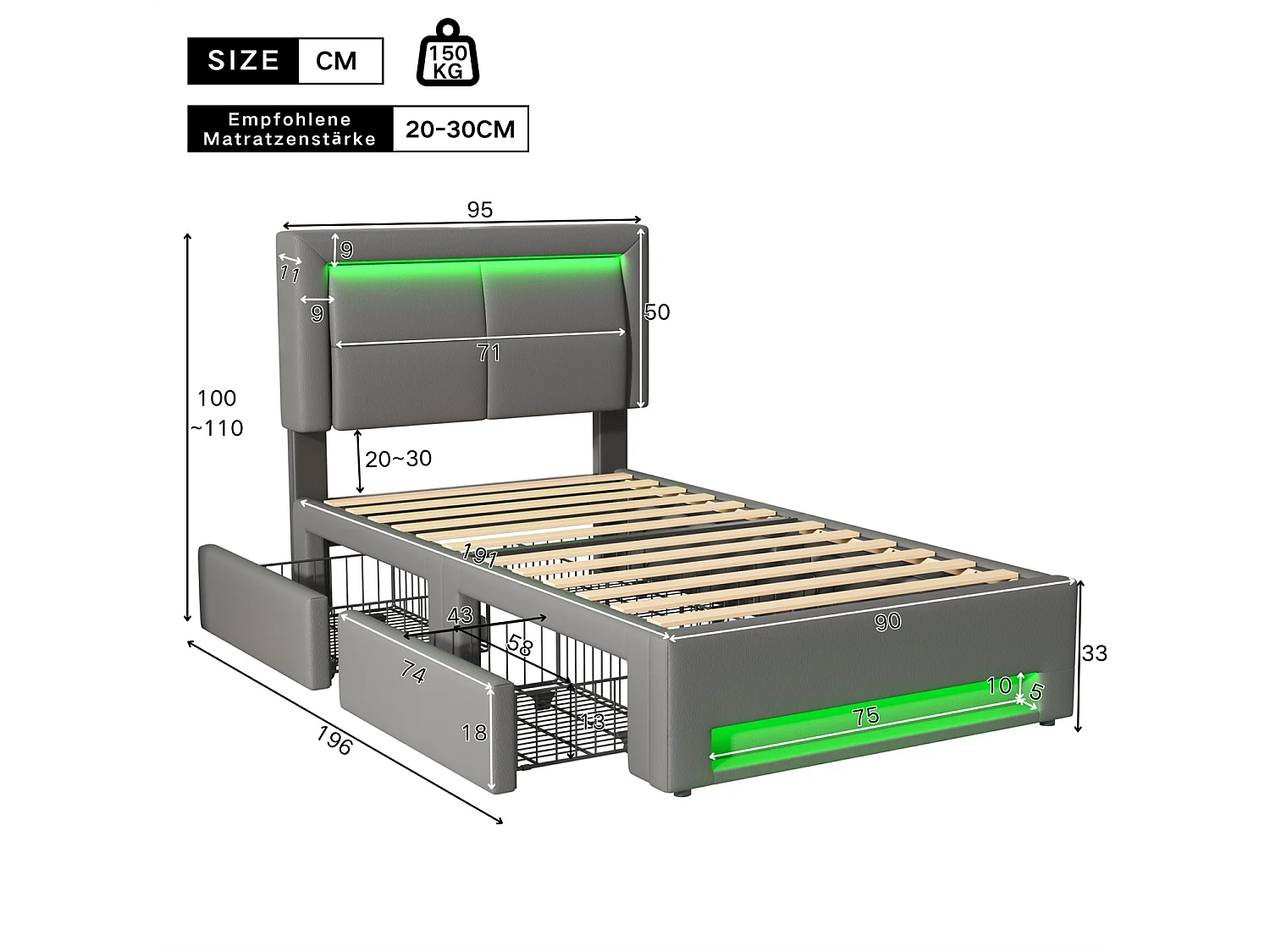 Lit rembourré 90x190 cm, avec port USB, éclairage LED, 4 tiroirs, sans matelas, PU, gris