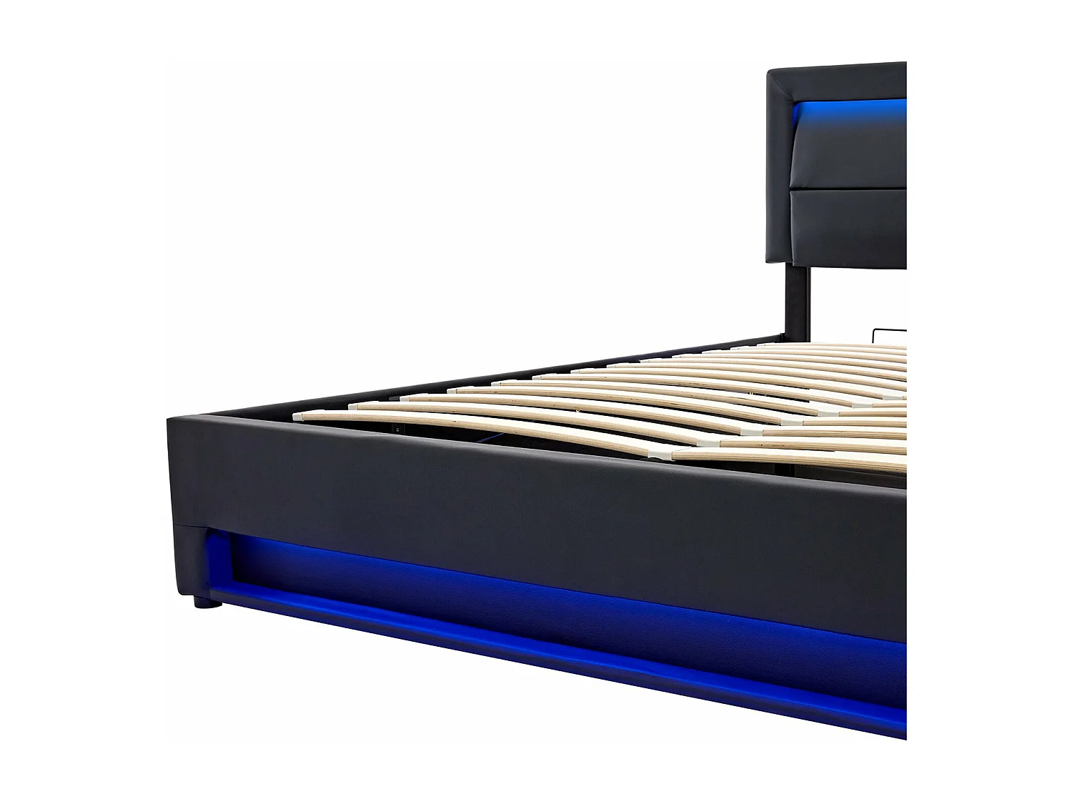 Cama estofada 140x190cm, com entrada USB, iluminação LED e espaço de arrumação, sem colchão, PU, preto