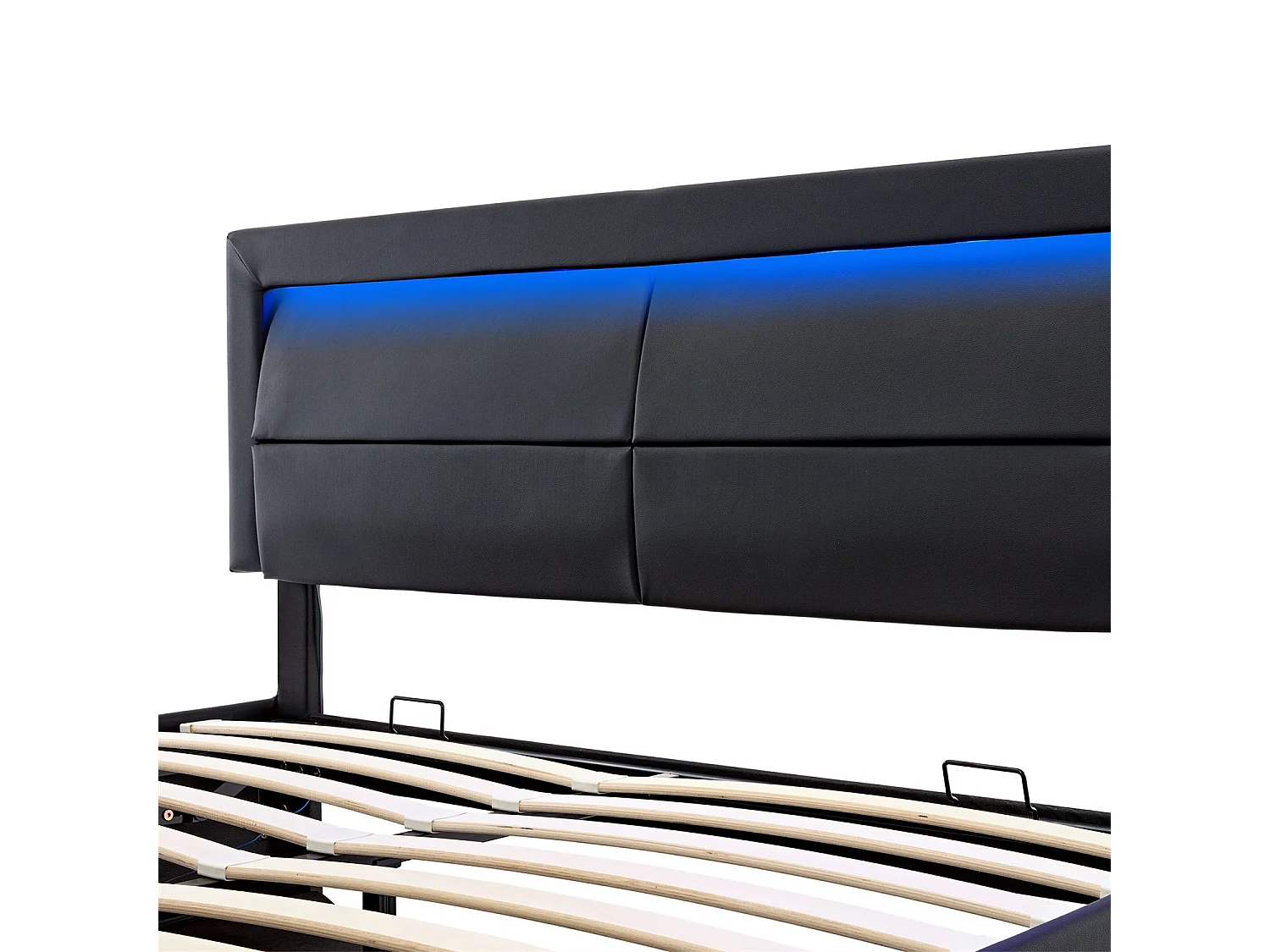 Cama estofada 140x190cm, com entrada USB, iluminação LED e espaço de arrumação, sem colchão, PU, preto