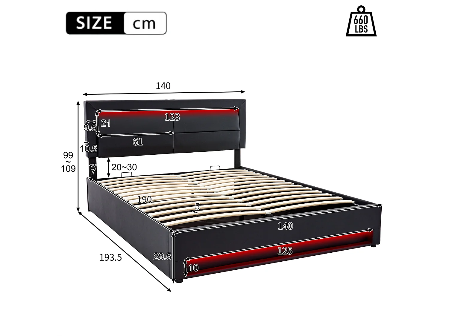 Cama estofada 140x190cm, com entrada USB, iluminação LED e espaço de arrumação, sem colchão, PU, preto