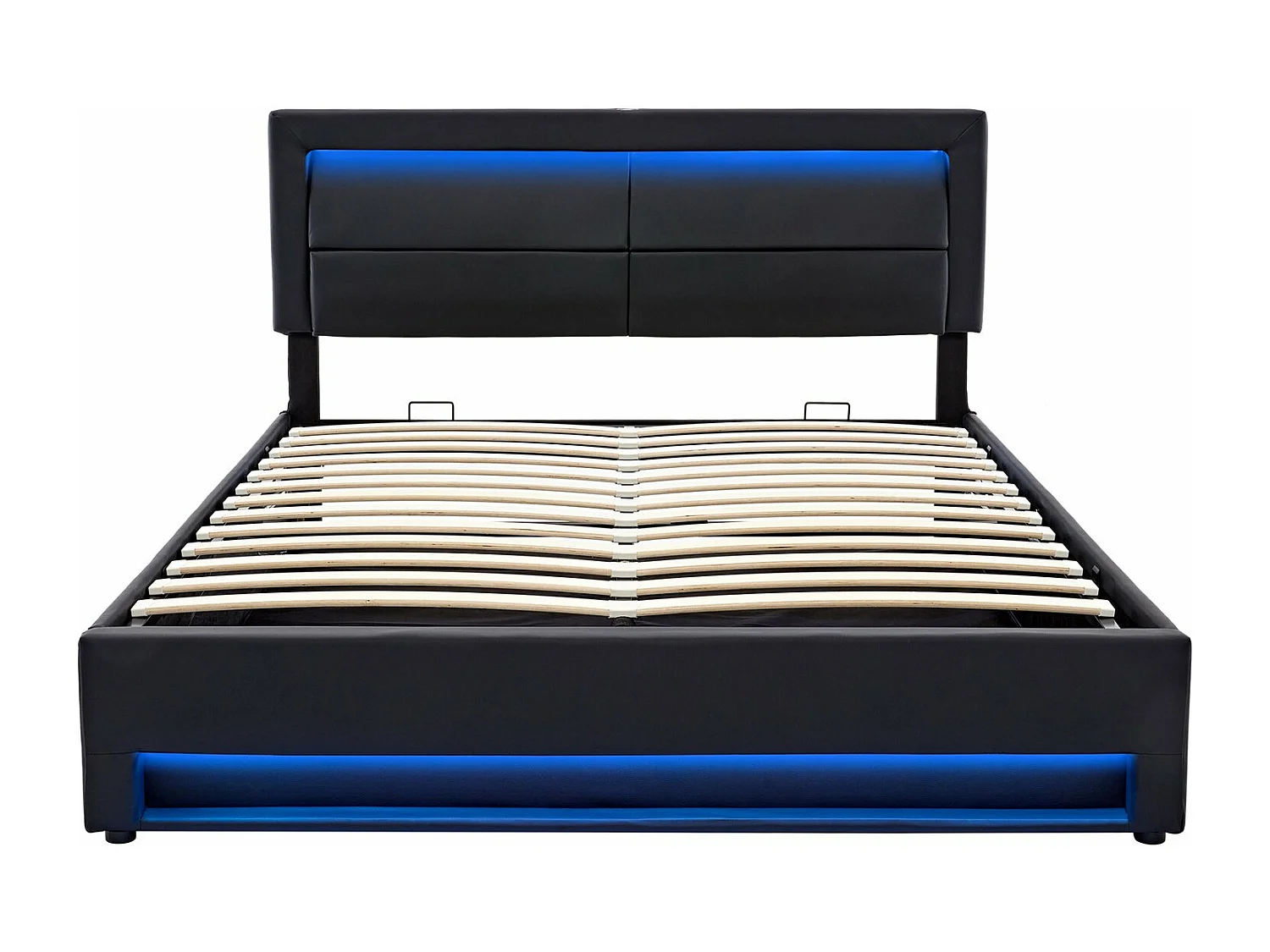 Cama estofada 140x190cm, com entrada USB, iluminação LED e espaço de arrumação, sem colchão, PU, preto