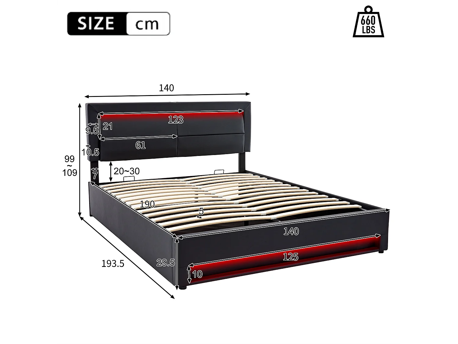 Letto imbottito 140x190cm, con porta USB, illuminazione a LED e spazio di archiviazione, senza materasso, PU, nero