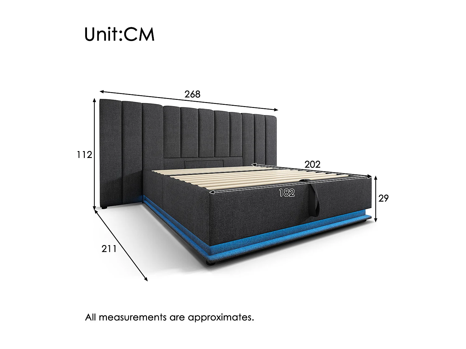 Cama com arrumação 180x200 cm, cama estofada, cama de casal com arrumação, LED e USB-C, linho, cinzento, sem colchão