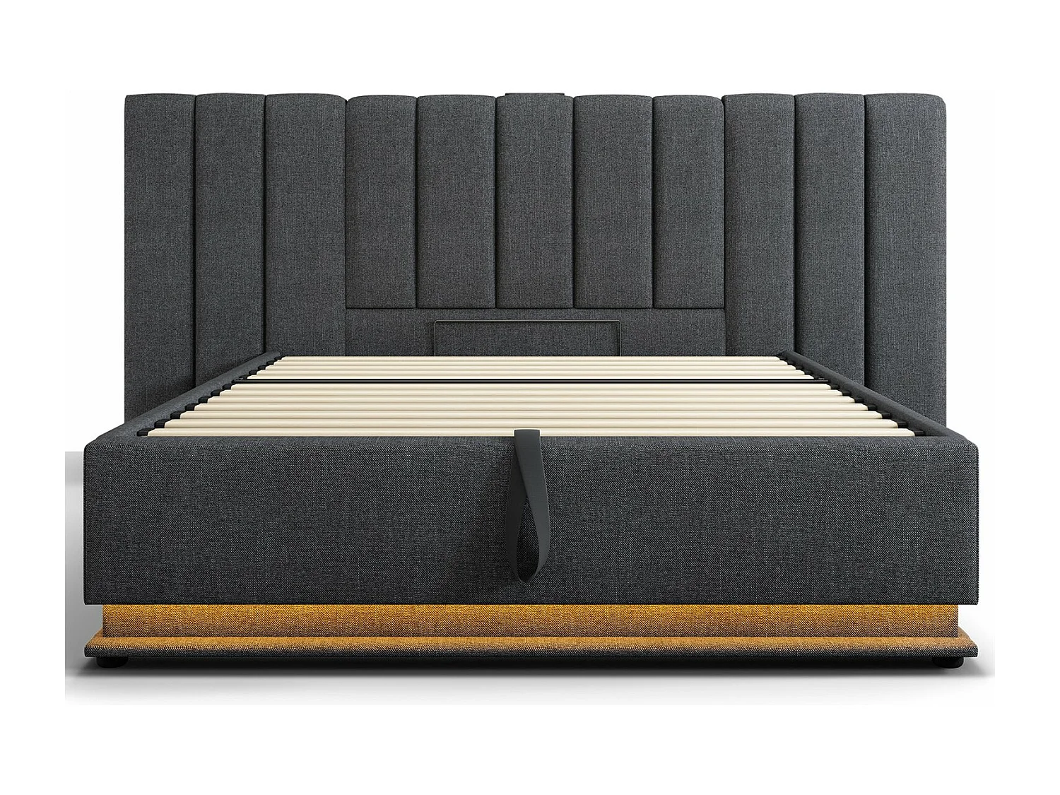 Cama com arrumação 180x200 cm, cama estofada, cama de casal com arrumação, LED e USB-C, linho, cinzento, sem colchão