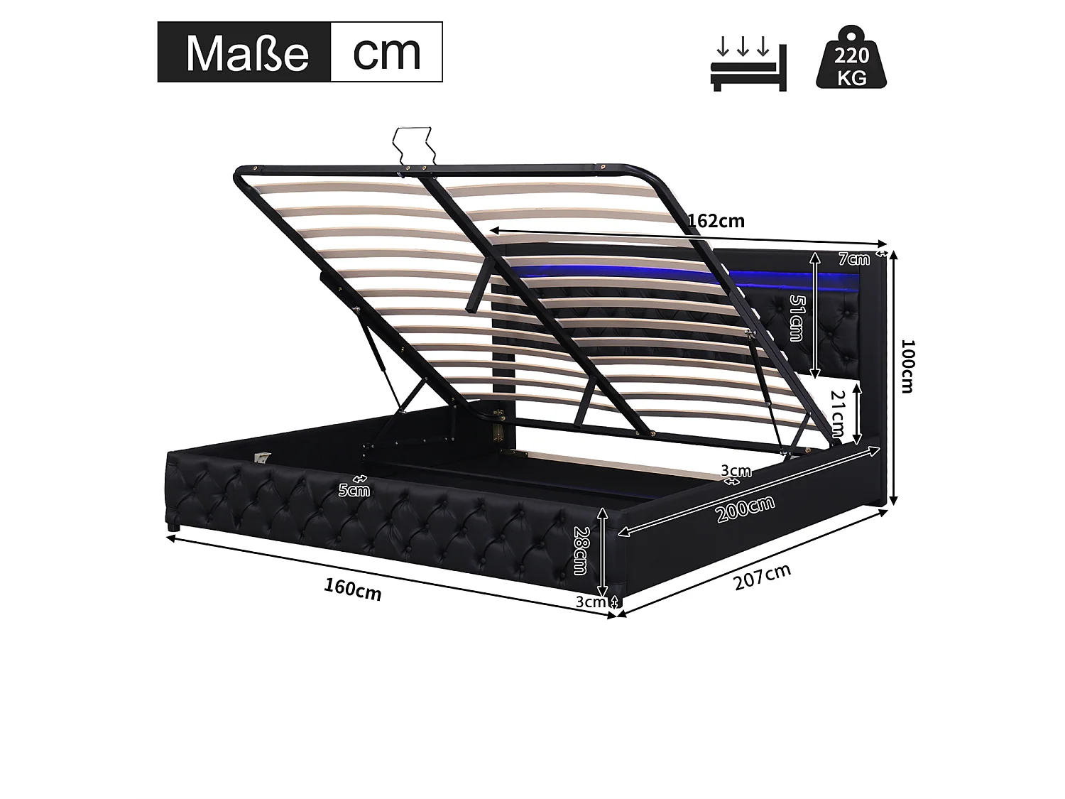 Lit coffre 160×200 cm,Lit rembourré avec éclairage LED, avec fonction de rangement, noir, PU