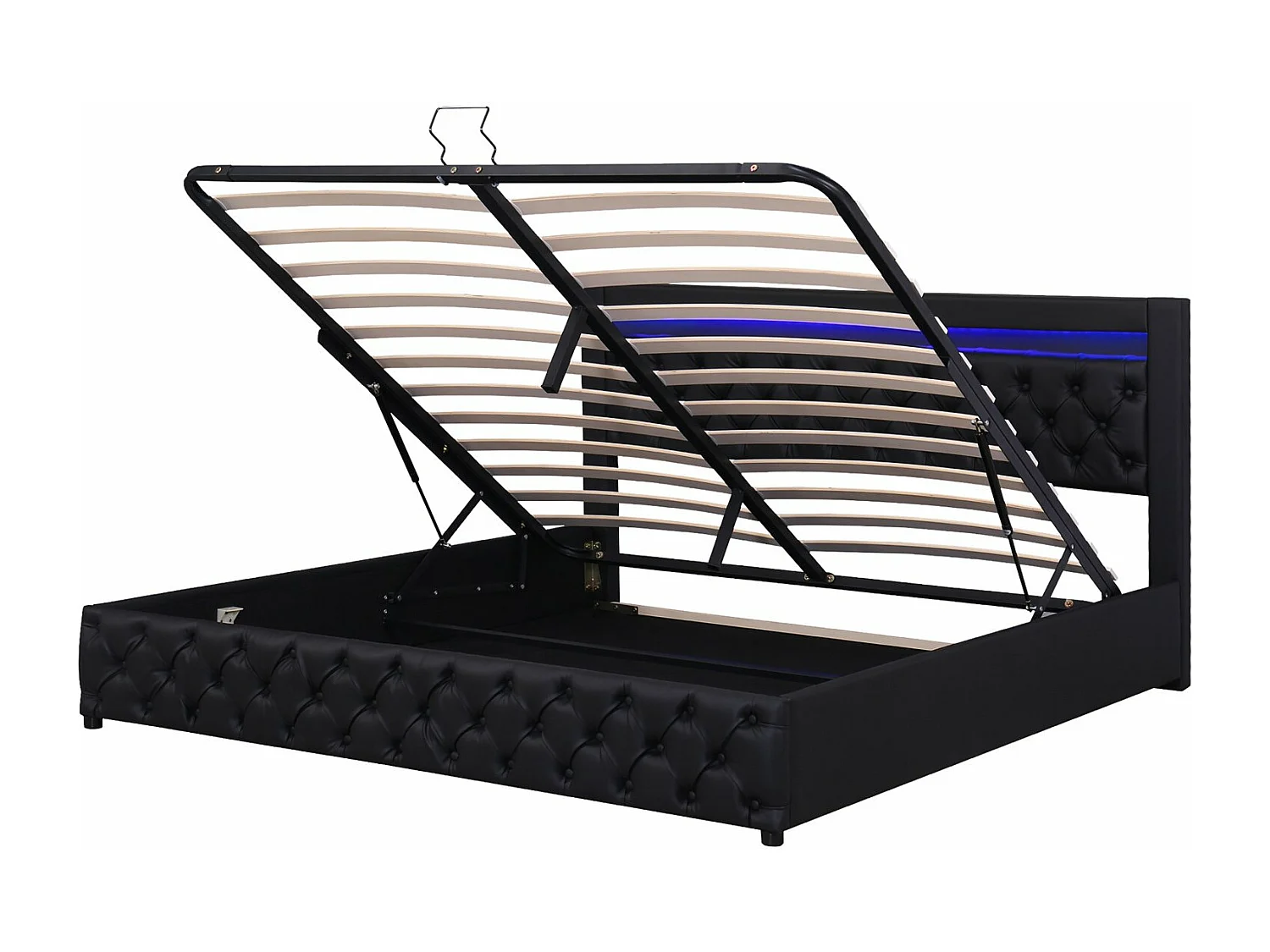 Lit coffre 160×200 cm,Lit rembourré avec éclairage LED, avec fonction de rangement, noir, PU