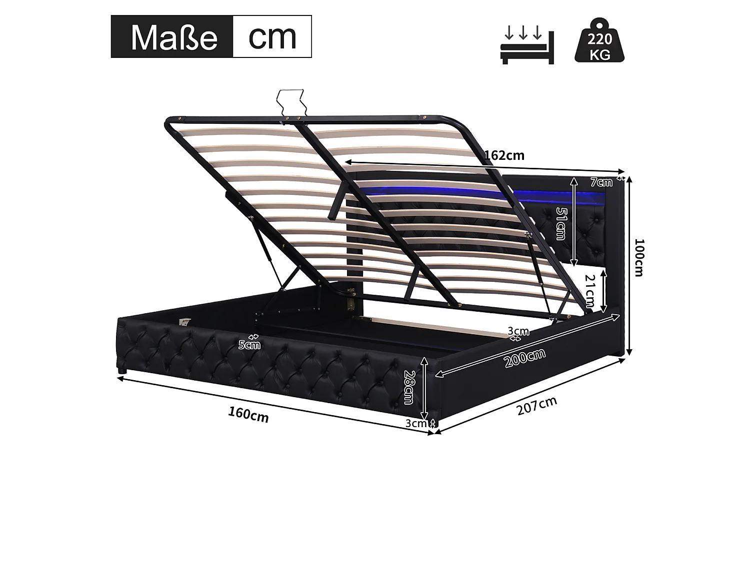 Letto contenitore 160x200 cm, letto imbottito con illuminazione a LED, con funzione contenitore, nero, PU