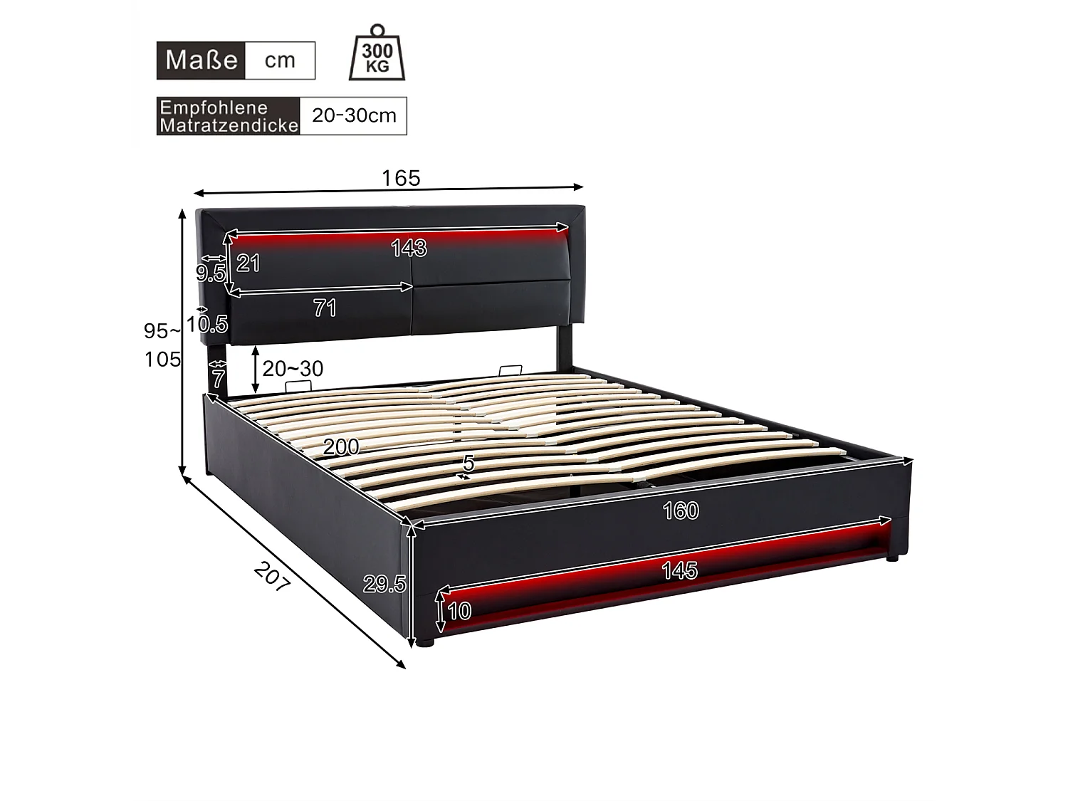 Cama estofada 160x200cm, com entrada USB, iluminação LED e espaço de arrumação, sem colchão, PU, preta