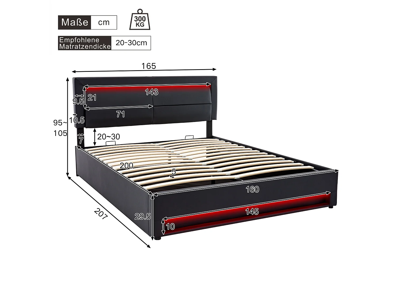 Letto imbottito 160x200cm, con porta USB, illuminazione a LED e spazio di archiviazione, senza materasso, PU, nero