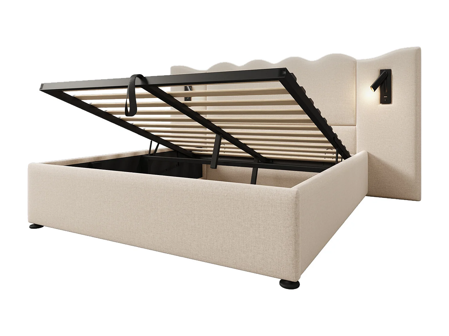 Cama de arrumação 160x200 cm, cama estofada, cama de casal com candeeiro de leitura e USB Tipo C, bege, linho, sem colchão