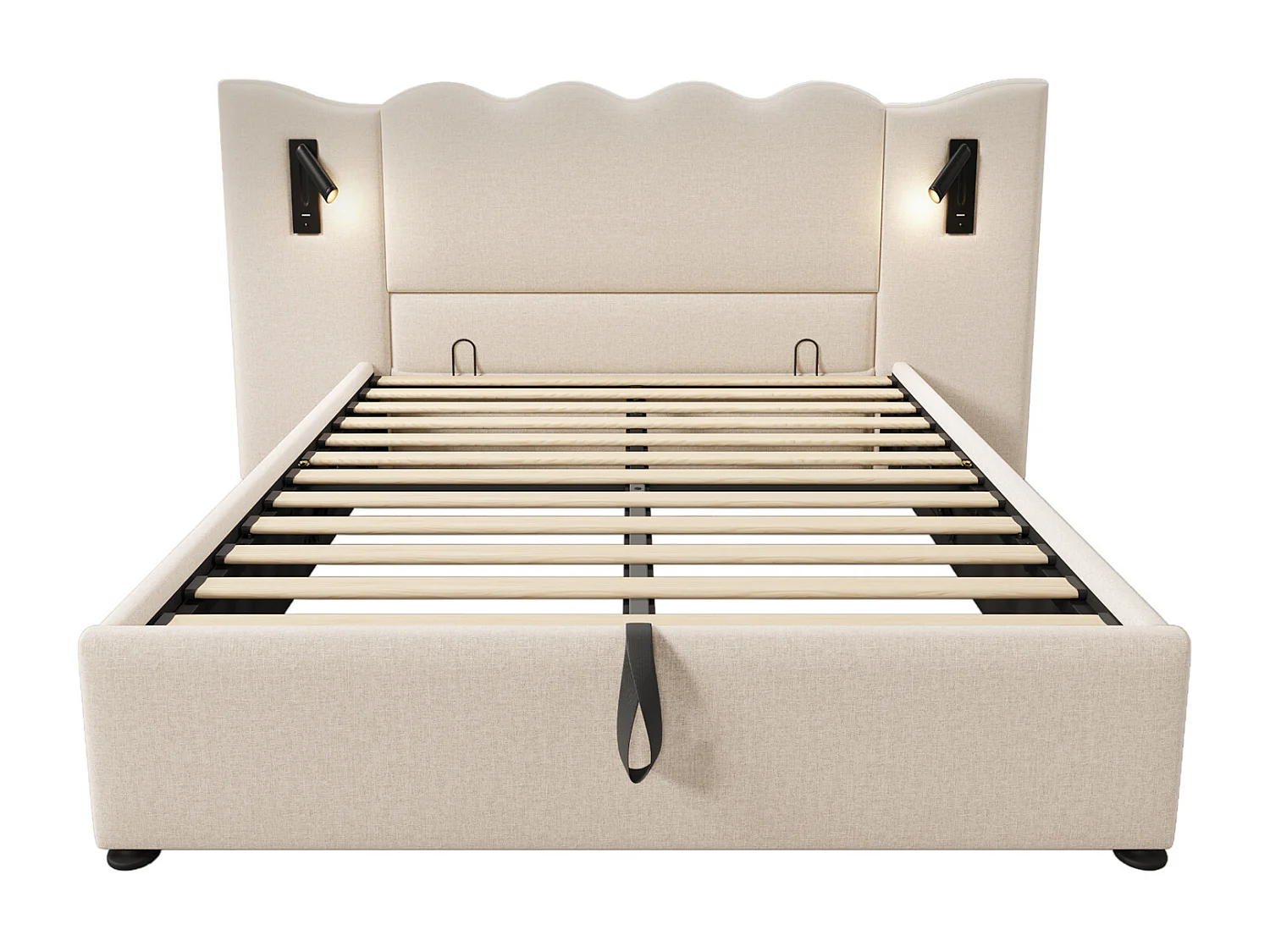 Cama de arrumação 160x200 cm, cama estofada, cama de casal com candeeiro de leitura e USB Tipo C, bege, linho, sem colchão