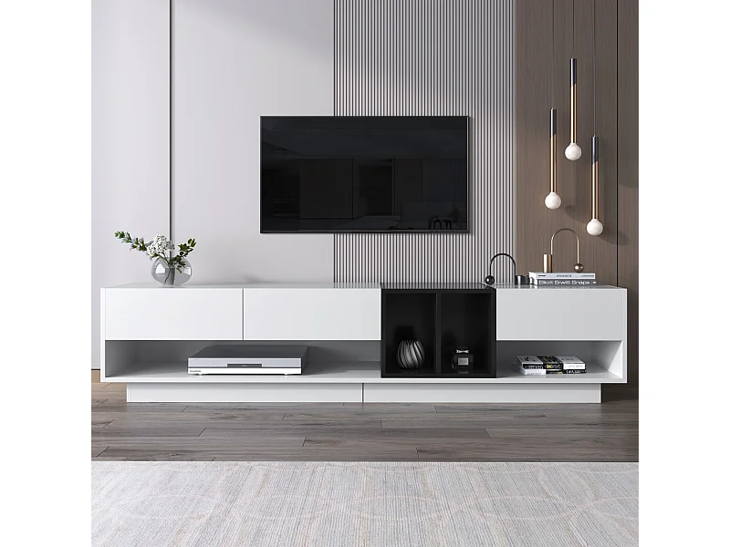 Cabinet TV con 3 cassetti e 4 nicchia - bianco e nero - Scheda di particelle - 190x34x40cm