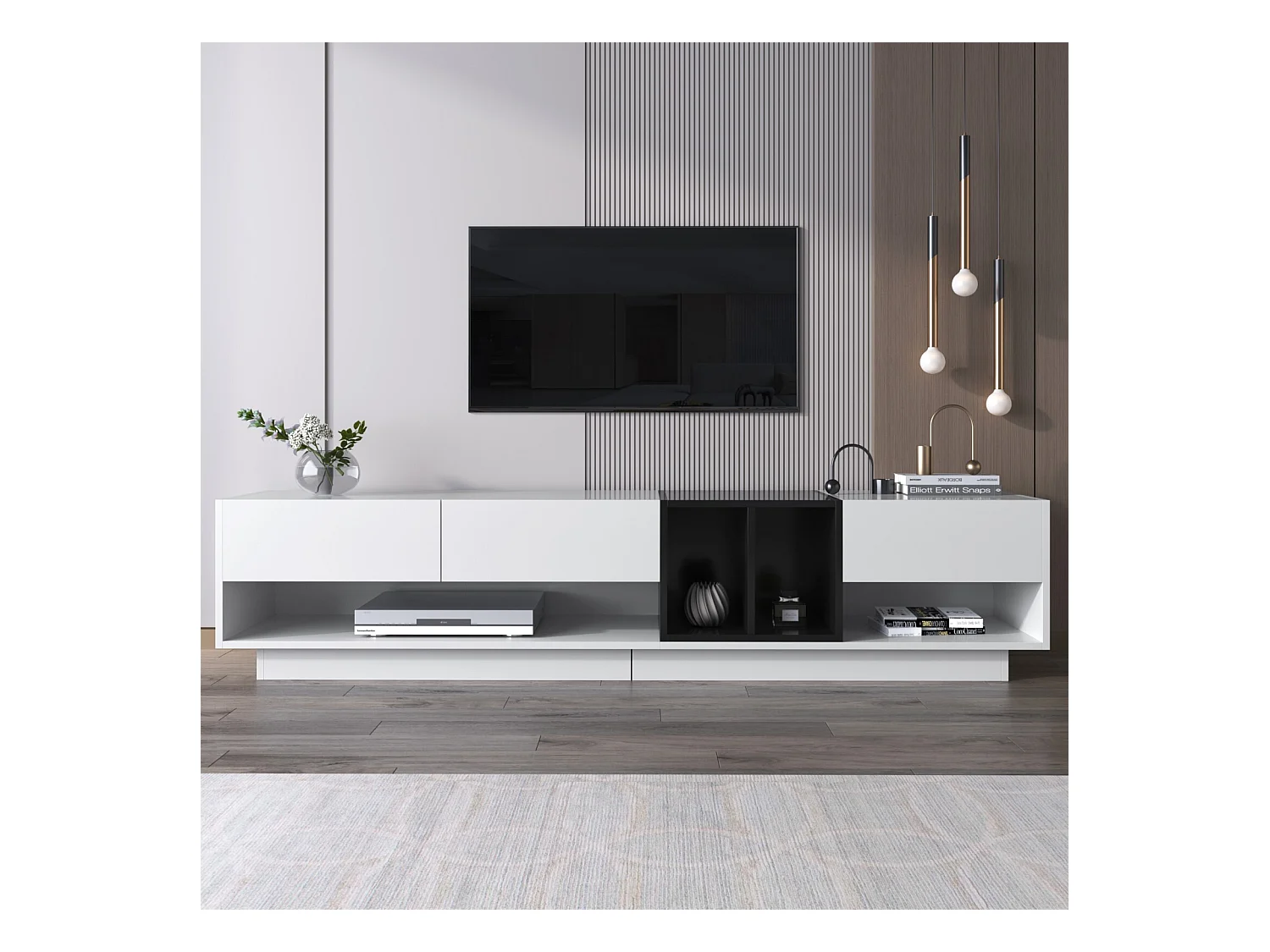 Meuble TV avec 3 tiroirs et 4 niche - Blanc et Noir - Panneaux de particules - 190x34x40cm