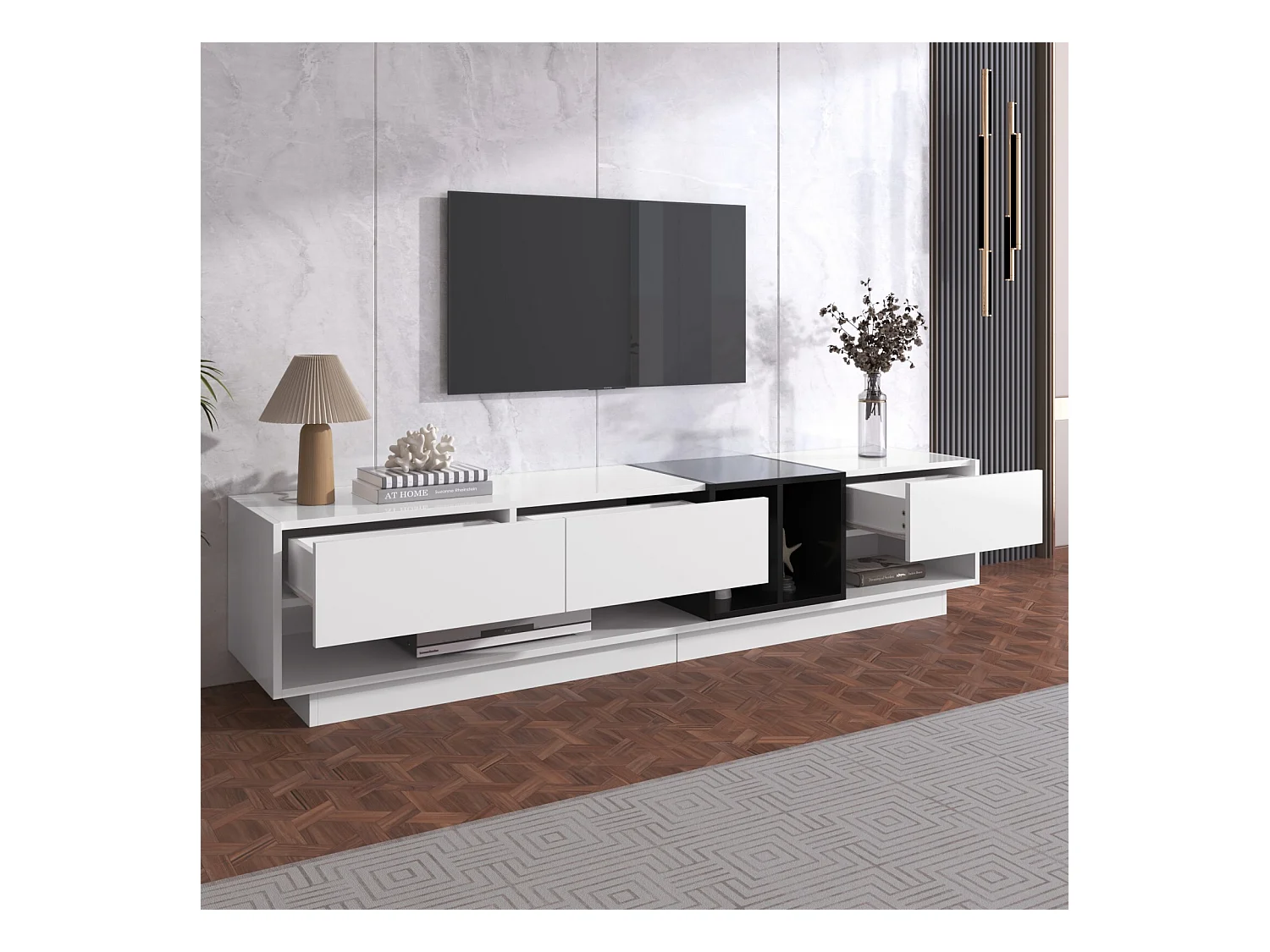 Cabinet TV con 3 cassetti e 4 nicchia - bianco e nero - Scheda di particelle - 190x34x40cm