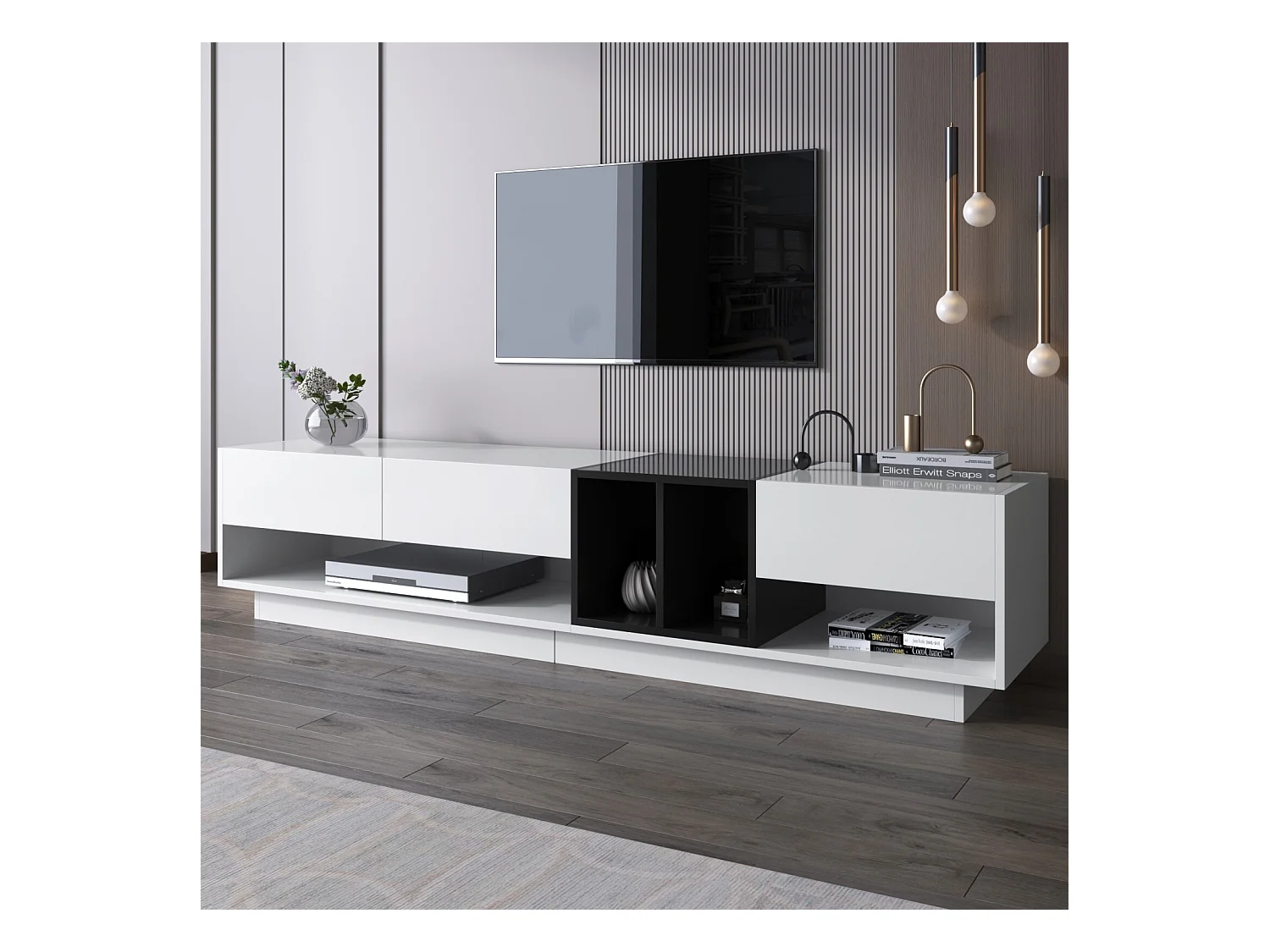 Cabinet TV con 3 cassetti e 4 nicchia - bianco e nero - Scheda di particelle - 190x34x40cm